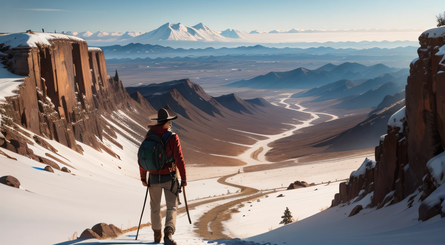 um homem viajante caminhando com montanhas ao seu redor
