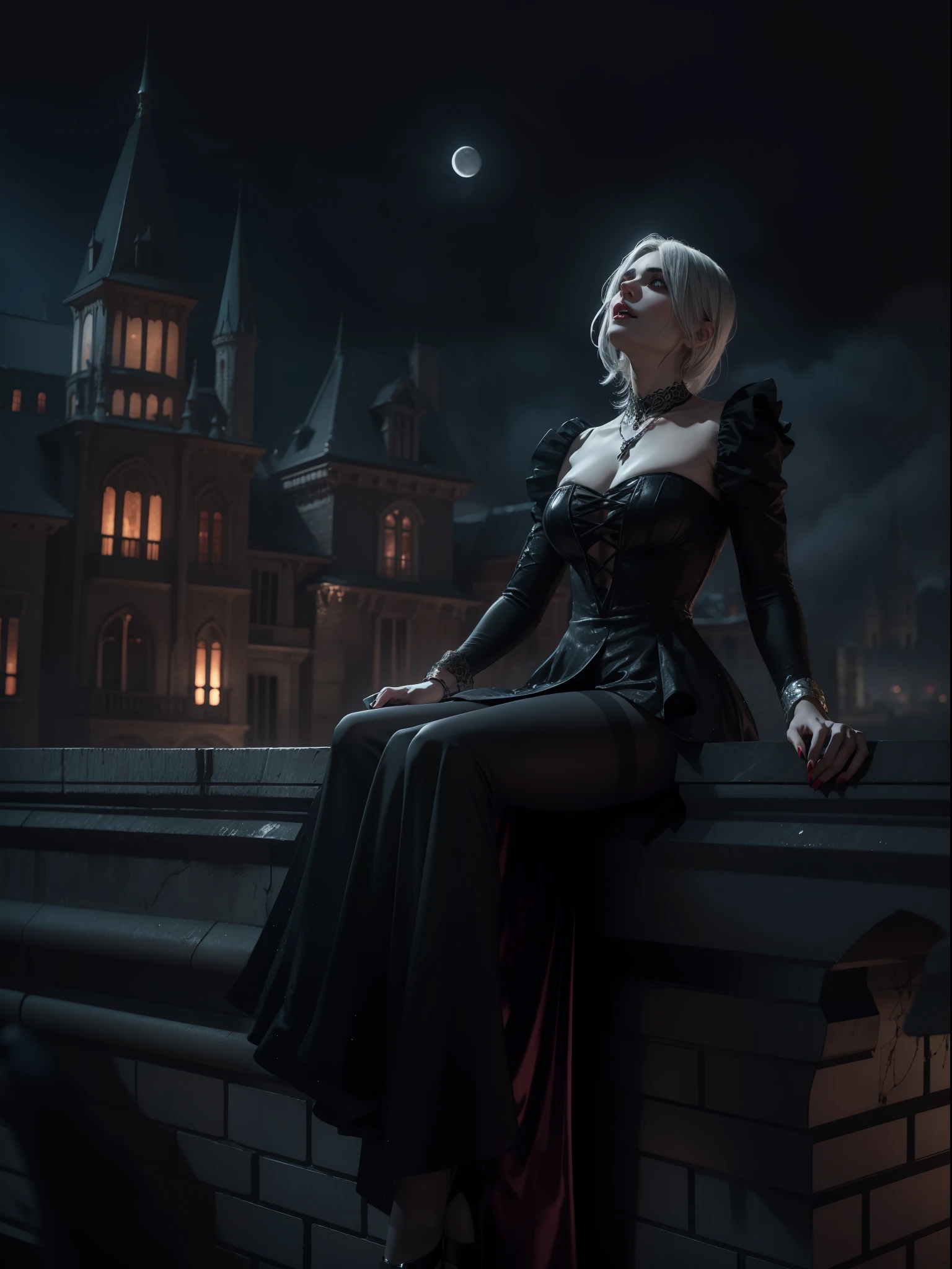 Claude Monet, Oil Painting,
Photorealistic, Spooky horror style, Dark Night, full-body view, 3d rendered, Beautiful noble female vampire, Glowing red eyes, Sitting on the roof of an old castle, Open your mouth to show your fangs, Unreal Engine, looking up at camera, Perfect Shading, Lomography, Delicate background, masutepiece, Moon Dust, Glitter gray hair, stunning dress in black, master piece, Beautiful chest, Beautiful tights, Beautiful hip, High quality, hight resolution, Cinematic composition, Elaborate, super detailed, Soft lighting, 8K