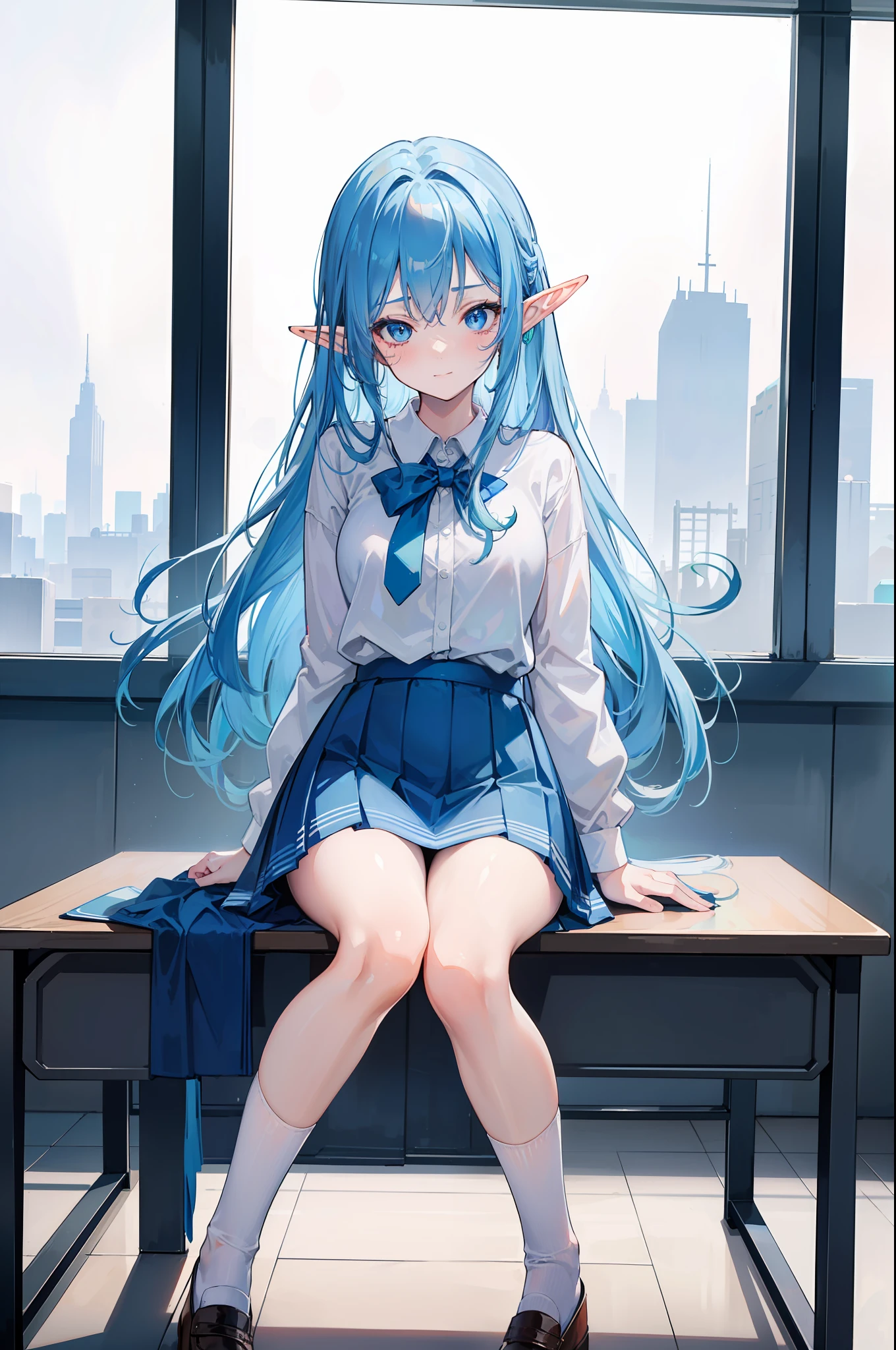 woman with blue hair, ((elf ears)), slight smile, slight blush, long hair, (extremely detailed face and clothing), full body, (looking into camera), (realistic camera angle), fantasy, in school, (sitting on school desk), blue and white schoolgirl uniform, miniskirt, (((masterpiece))), (((ultra high quality, 8k)))