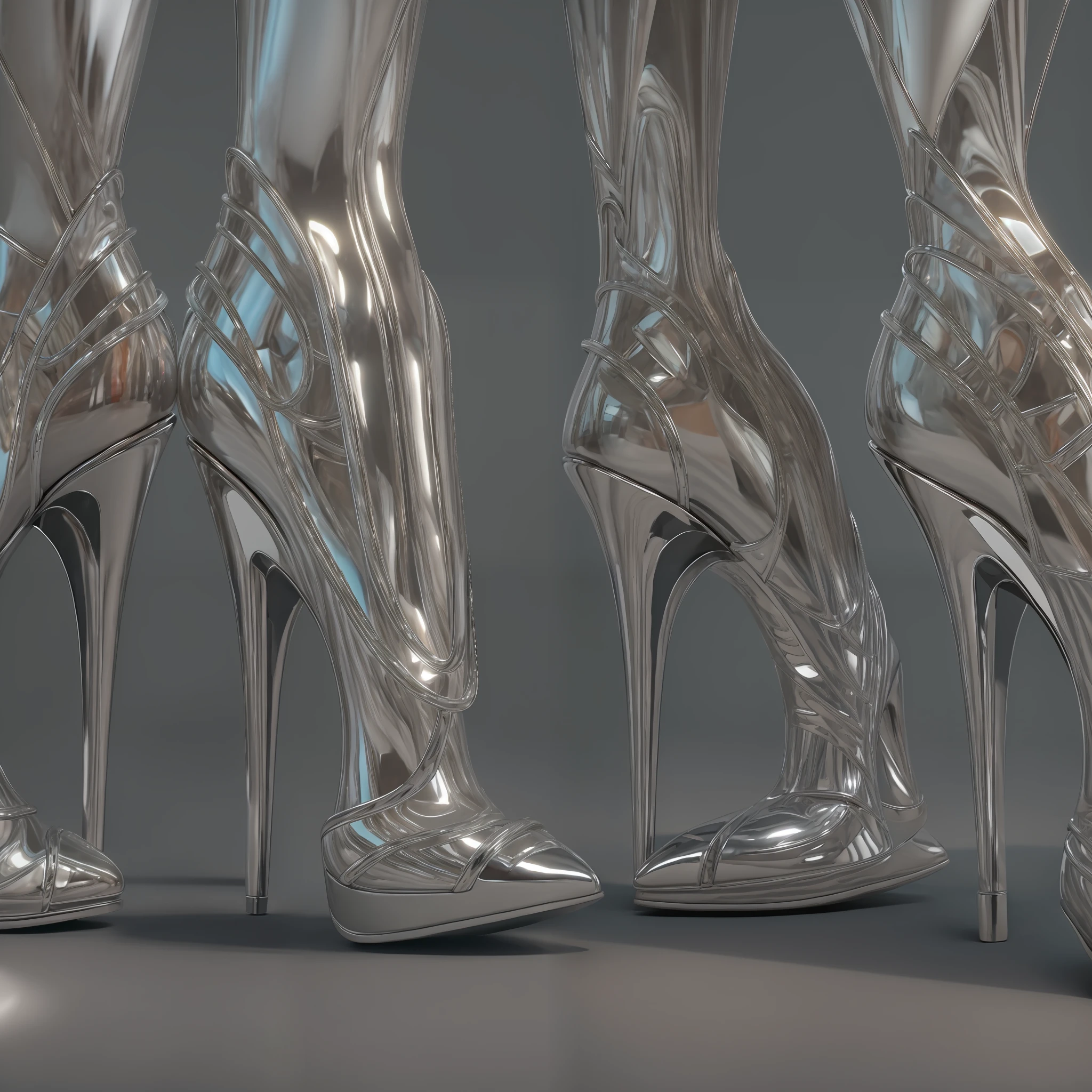 two pairs of high heels in chrome metal inspired by the artist H R Giger, ultra realistic, 8K, detailed shapes, perfect lighting, high quality fashion photography