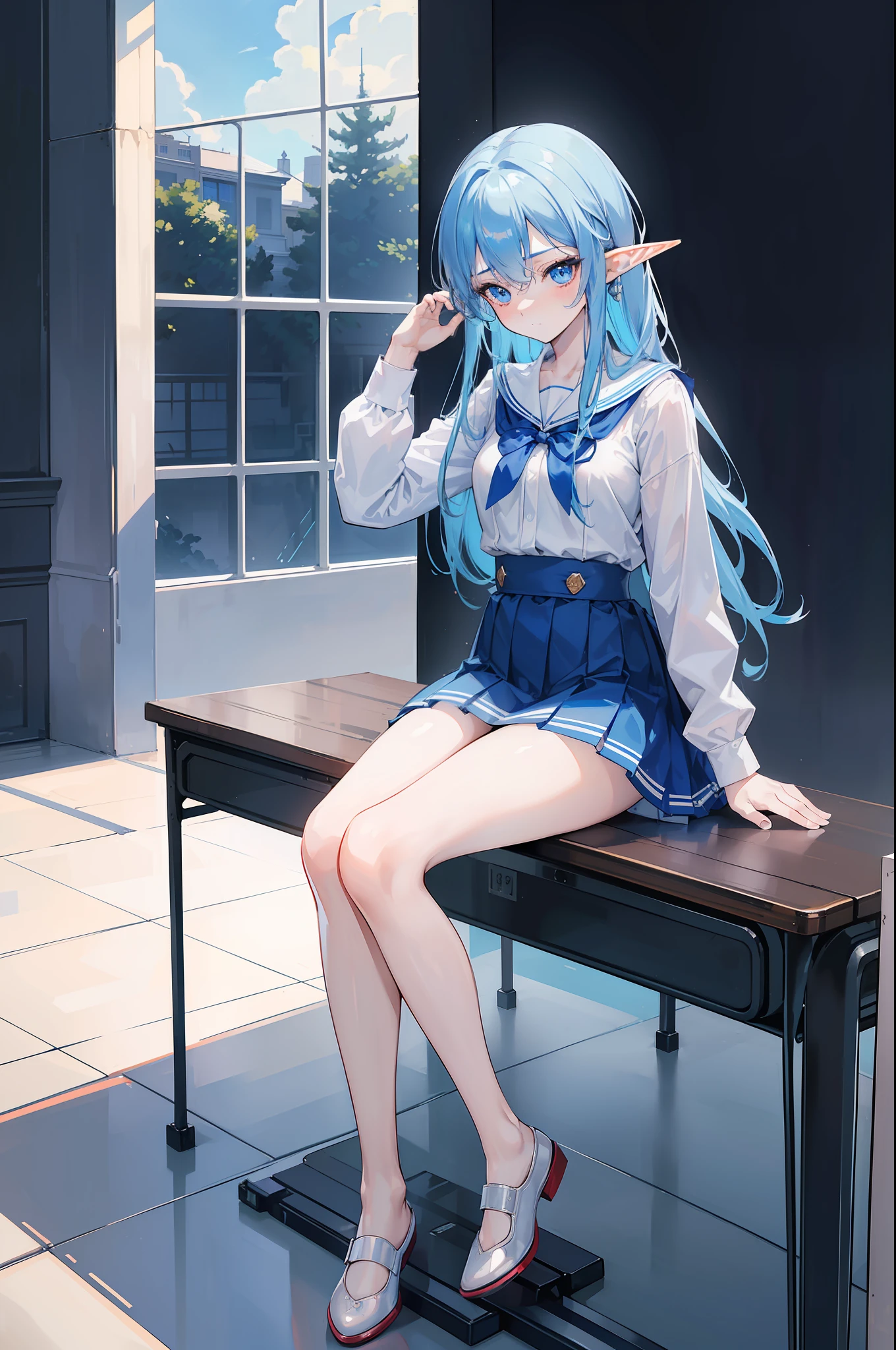 woman with blue hair, ((elf ears)), slight smile, slight blush, long hair, (extremely detailed face and clothing), full body, (looking into camera), (realistic camera angle), fantasy, in school, (sitting on school desk), blue and white schoolgirl uniform, miniskirt, (((masterpiece))), (((ultra high quality, 8k)))