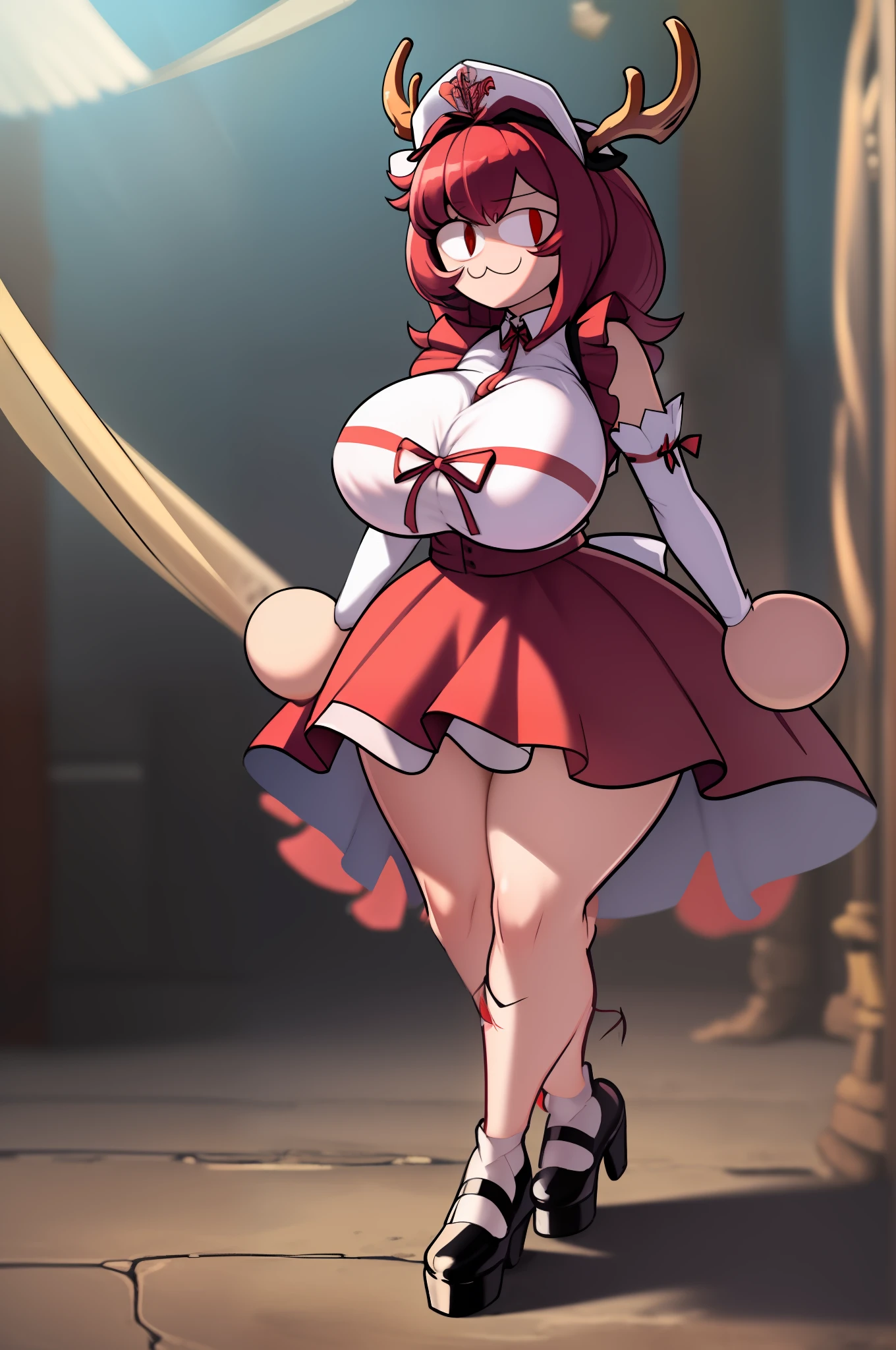necoarc,r, red skirt, skirt, yellow bow, antlers, black bloomers, detached sleeves, hat, pom pom \(clothes\), red headwear, tassel, 2d, cartoon, skirt, thicc body, huge breast, long dress,, walking, pullover,vest,maid