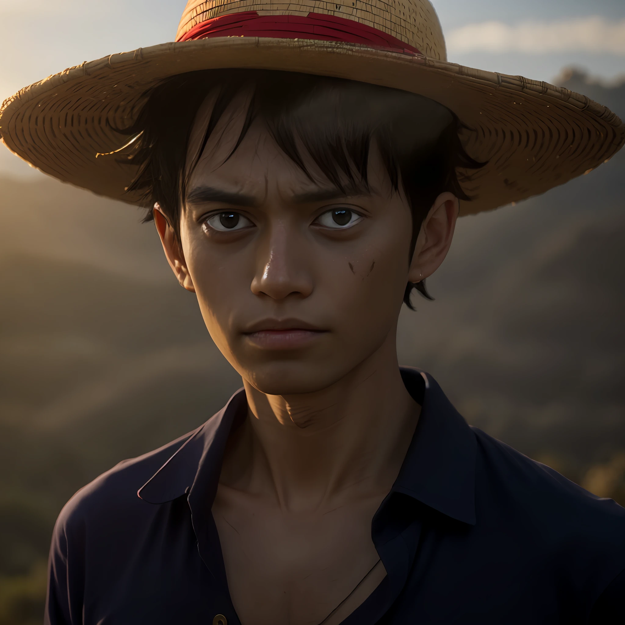 1boy, wanostyle, monkey d luffy, straw hat, looking at the viewer, solo, upper body, ((masterpiece)), (best quality), (extremely detailed), depth of field, sketch, intense dark shadows, sharp focus, soft lighting, hdr, colorful, good composition, smoke around, spectacular, closed shirt, anime screencap, scar under the eyes, ready to fight, black eyes, outdoors,  night