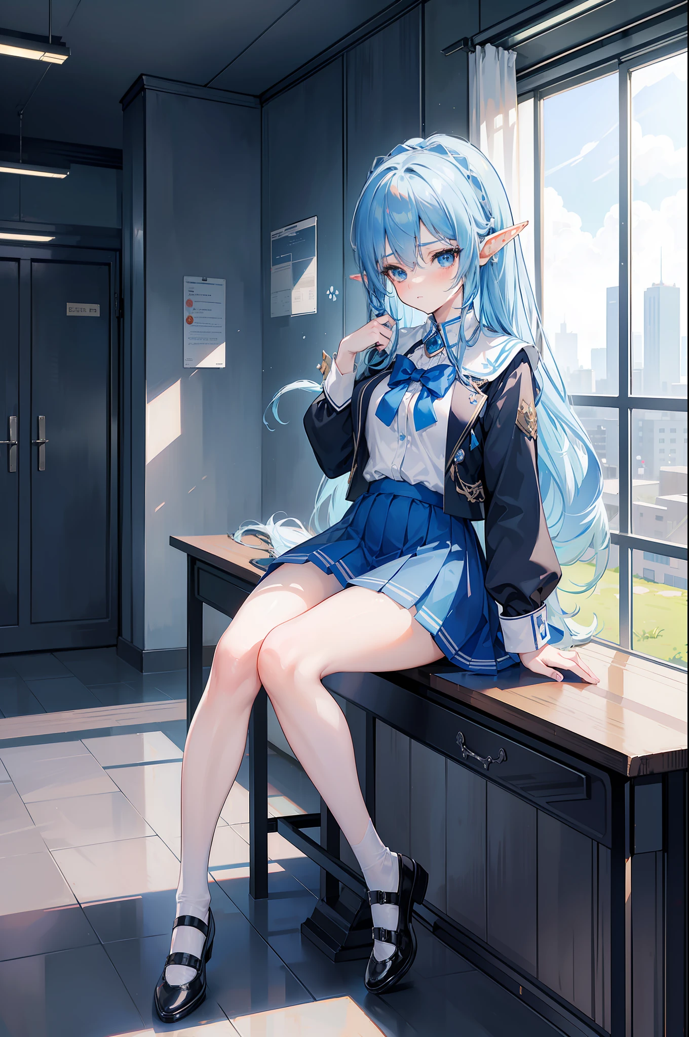 woman with blue hair, ((elf ears)), slight smile, slight blush, long hair, (extremely detailed face and clothing), full body, (looking into camera), (realistic camera angle), fantasy, in school, (sitting on school desk), blue and white schoolgirl uniform, miniskirt, (((masterpiece))), (((ultra high quality, 8k)))
