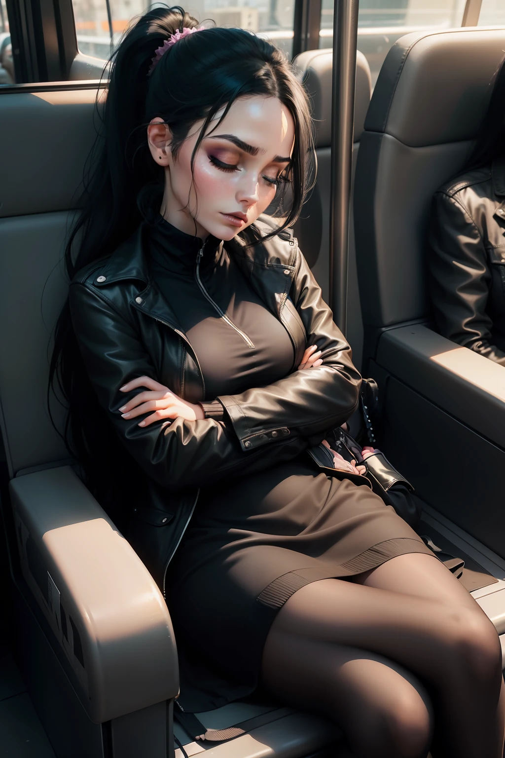 1 beautiful woman, lady, young, black hair, black lips, made-up face, ponytail, dress, black jacket over dress, black boots, pantyhose, black handbag, made-up eyelids, arms crossed, asleep lying on the bus, eyes closed, arms crossed, mouth open.
