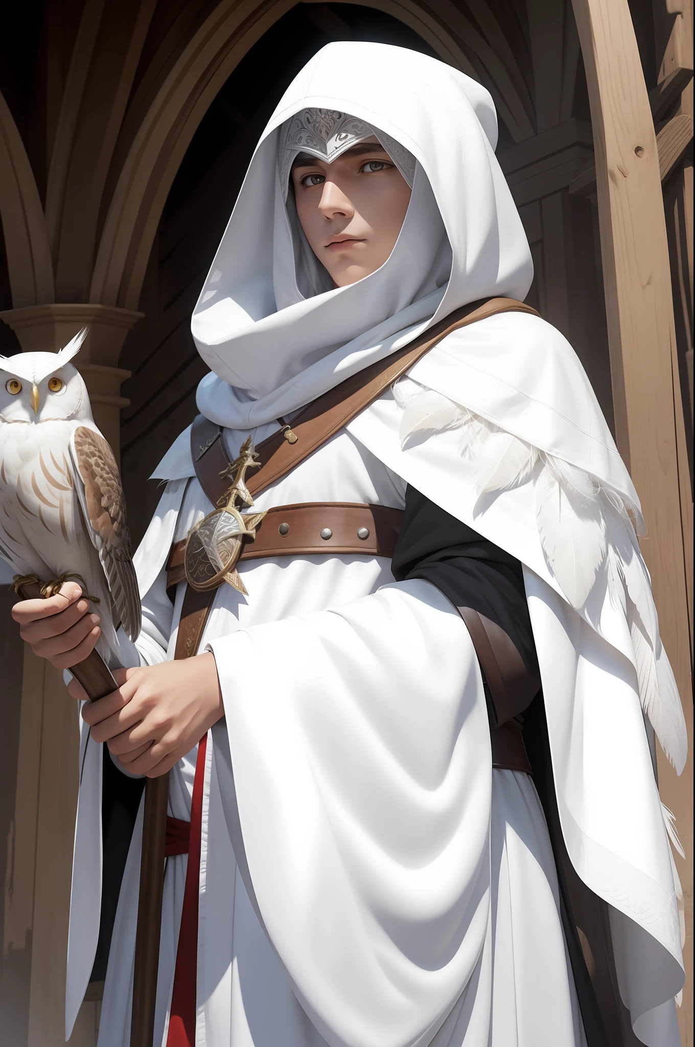 white feather owl, white hood and white theatre mask, cleric, RPG character