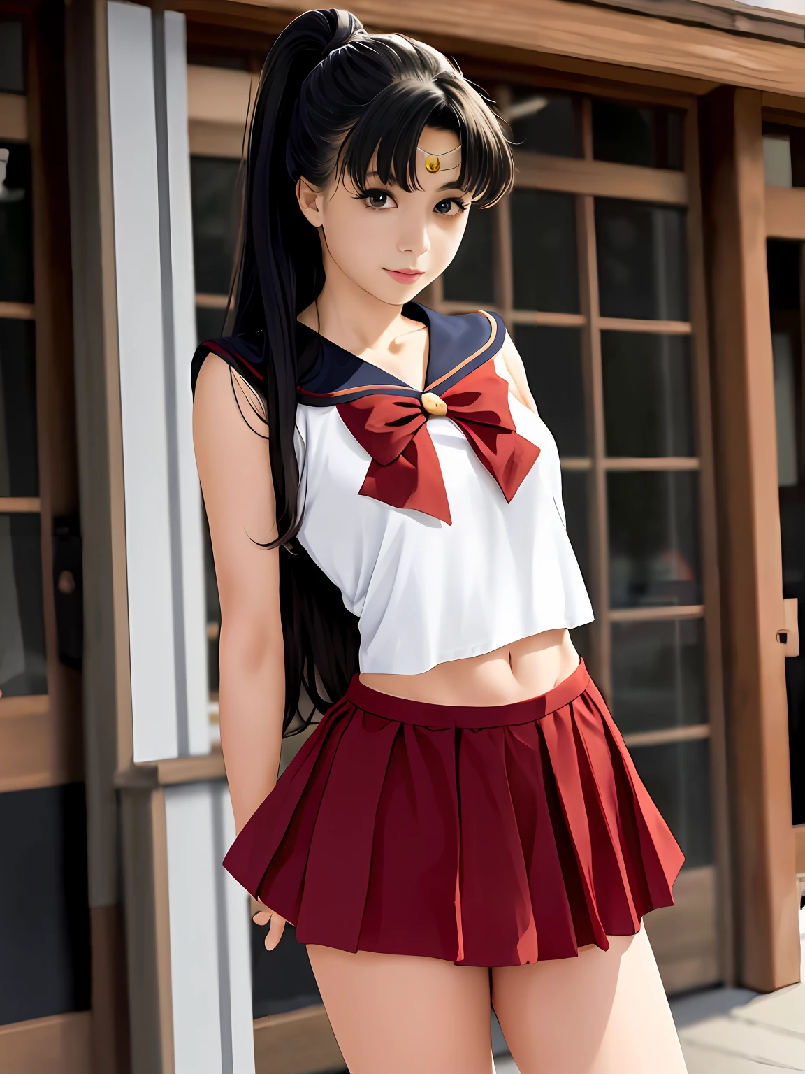 Japan woman in Sailor Mars costume poses for photo, beautiful flaxen hair、poneyTail、Ultra mini skirt、camel's toe、Beautiful、beautiful thigh、Beautiful upper arms、Beautiful belly button、Anime girl cosplay, Anime Cosplay, cosplay foto, professional cosplay, realistic cosplay, Cosplay, Sailor Uniform, real life anime girl, full-cosplay, Sailor Moon Style, cosplayer, by Sailor Moon, Ayaka Cosplay, publicity cosplay, sailormoon. Beautiful, loose coat collar sailor uniform