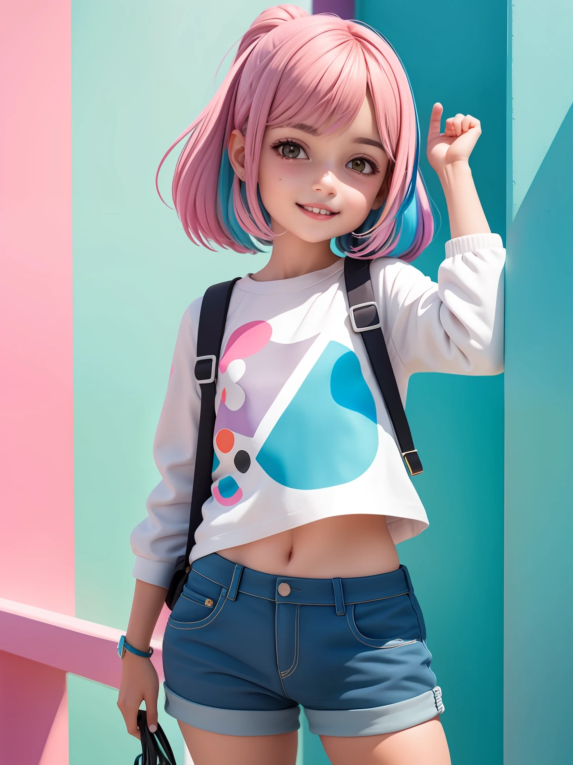 (obra-prima), (melhor qualidade), (ultra-detalhado), (corpo inteiro: 1.2) loli menina loira claro, touca, moletom preto, pants, jaqueta, blouse, sorriso claro, corpo inteiro, :3, cabelo multicolor, enrolado, encaracolado, crespo moderno, Modern accessories, fundo tom pastel , colorido e simples.