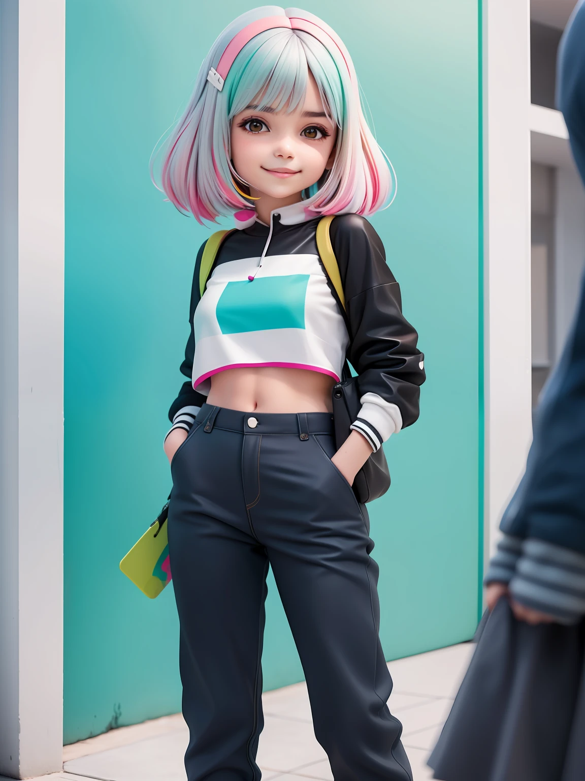 (obra-prima), (melhor qualidade), (ultra-detalhado), (corpo inteiro: 1.2) loli menina loira claro, touca, moletom preto, pants, jaqueta, blouse, sorriso claro, corpo inteiro, :3, cabelo multicolor, enrolado, encaracolado, crespo moderno, Modern accessories, fundo tom pastel , colorido e simples.