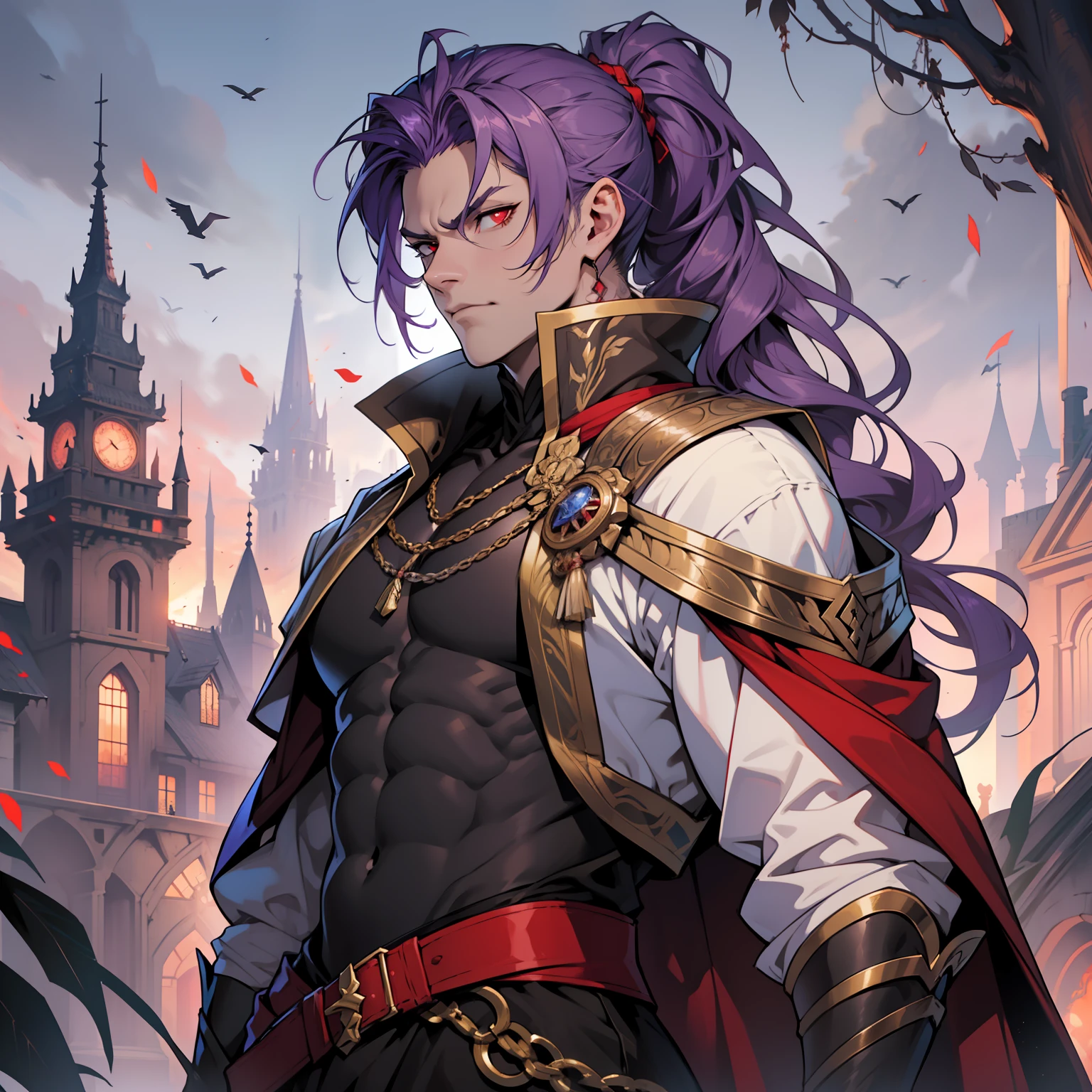 like all the demon princes, I am quite tall. I have purple hair tied back in a ponytail, and red eyes with sharp silver pupils. I wear fine clothes, as befits a prince of Hell, though they are always black. My demeanor is haughty, arrogant, and superior to others. I carry myself with confidence and a sense of pride that is unrivaled. When I speak, my words are sharp and my voice is powerful. I am the embodiment of pride and arrogance. handsome male, bara, muscular (8k) (good quality)Red eyes.