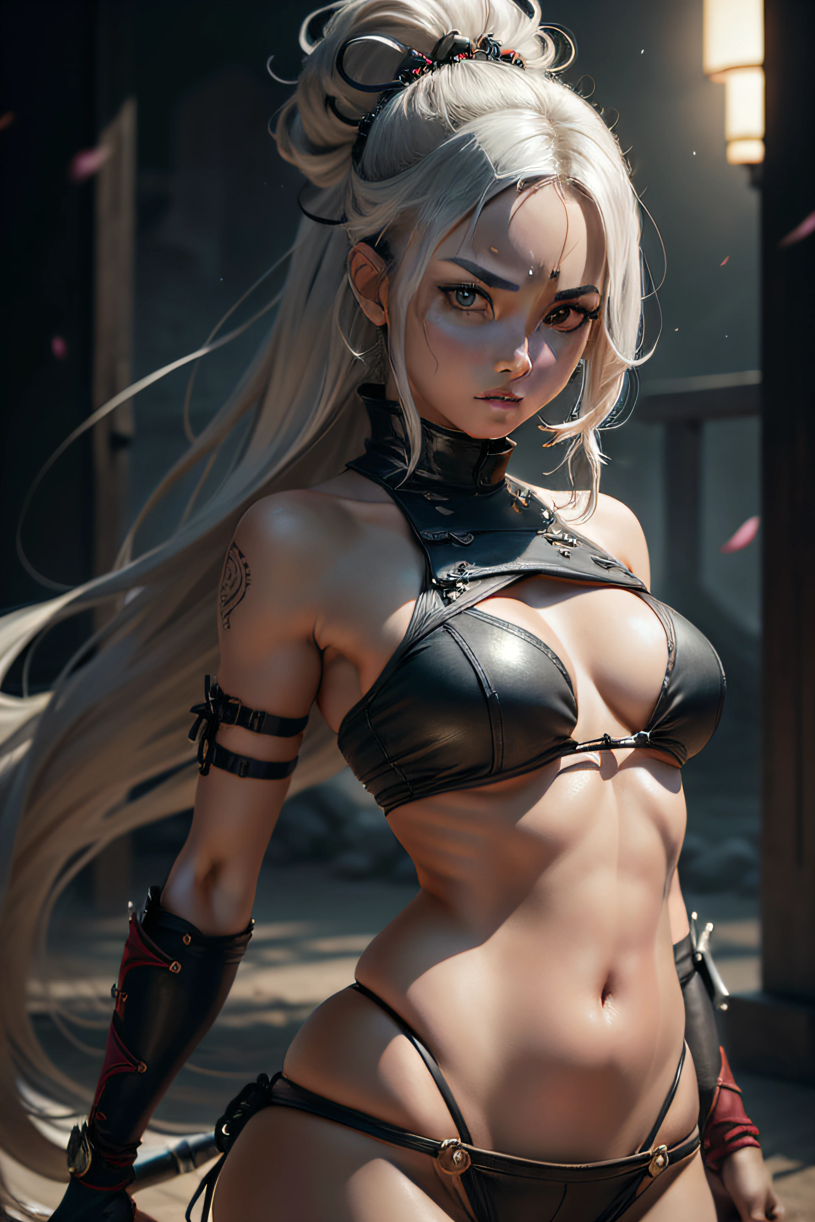 Una mujer samurai, piel clara, cabello plateado, ojos delineados, Cara delineada, brazalete, cuerpo completo, Ropa de cuero sangrienta, espada, fuego. Obra maestra de arte completa, alta calidad, Ultra detallado en 4K, 8k, High resolution, Foto hiperrealista, hiperdetallado, textura realista de la piel, incredible shadows, Textura extremadamente detallada, perfect ilumination, Calidad de imagen de alto nivel.