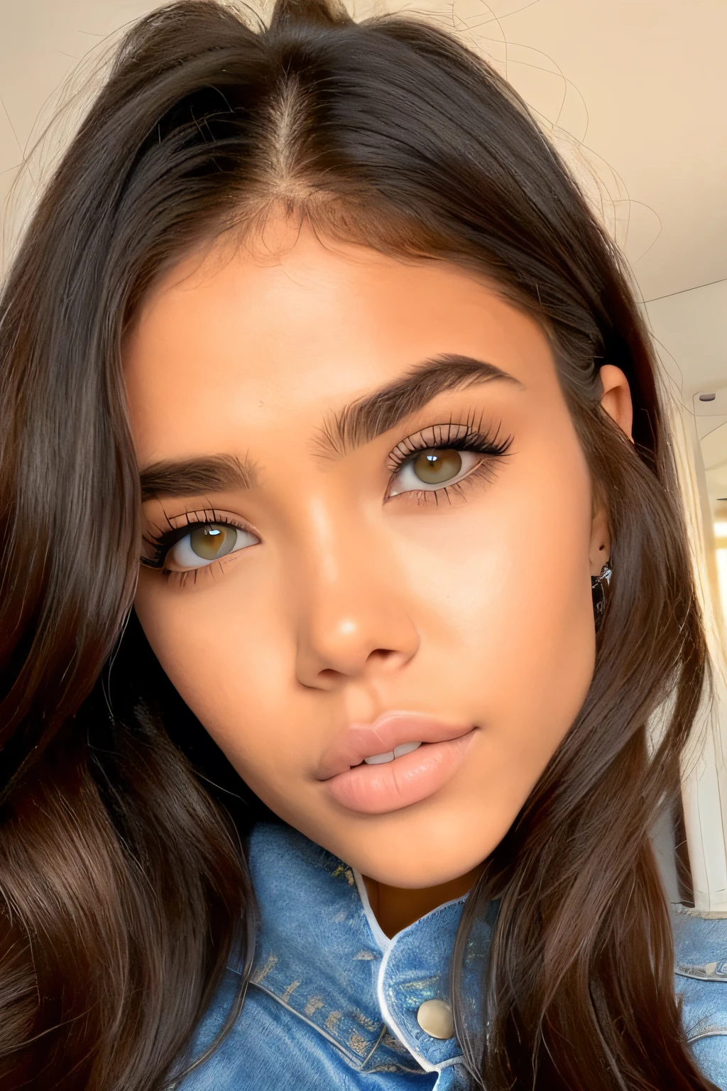 madison beer linda de guerra, meio, corpo inteiro, olhos detalhados, alto detalhe, cabelos longos e detalhados uma jovem sedutora de cabelos pretos, labios uma mulher sedutora de pele parda, labios macios olhar foerte e sexy a aparencia . Retrato de uma jovem com longos cabelos pretos e olhos prateados brilhantes, pele tonificada profunda, maquiagem preta nos olhos que se parece com asas, silver line on lower lip
