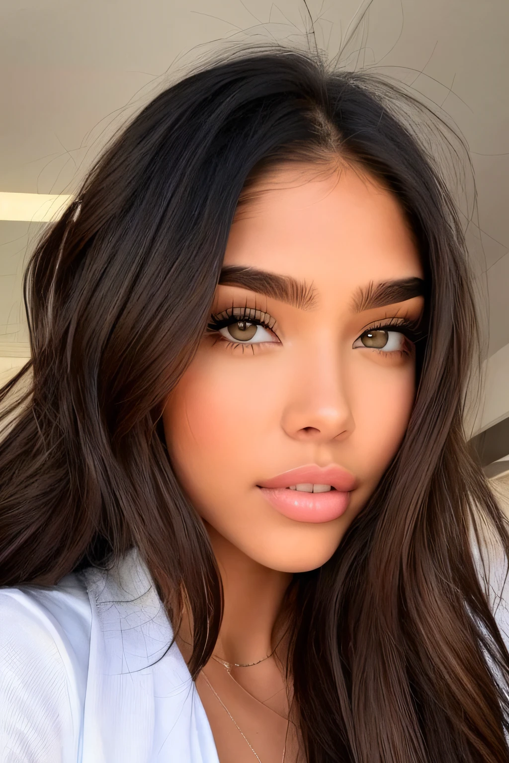 madison beer linda de guerra, meio, corpo inteiro, olhos detalhados, alto detalhe, cabelos longos e detalhados uma jovem sedutora de cabelos pretos, labios uma mulher sedutora de pele parda, labios macios olhar foerte e sexy a aparencia . Retrato de uma jovem com longos cabelos pretos e olhos prateados brilhantes, pele tonificada profunda, maquiagem preta nos olhos que se parece com asas, silver line on lower lip