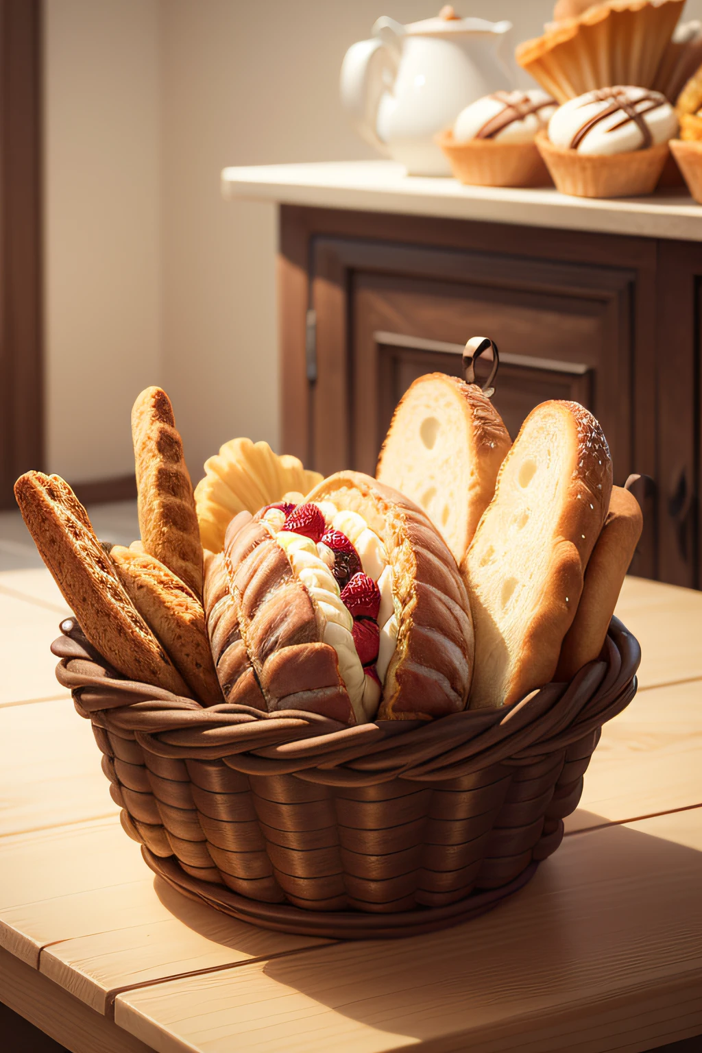Basket with breads and pastries realistic