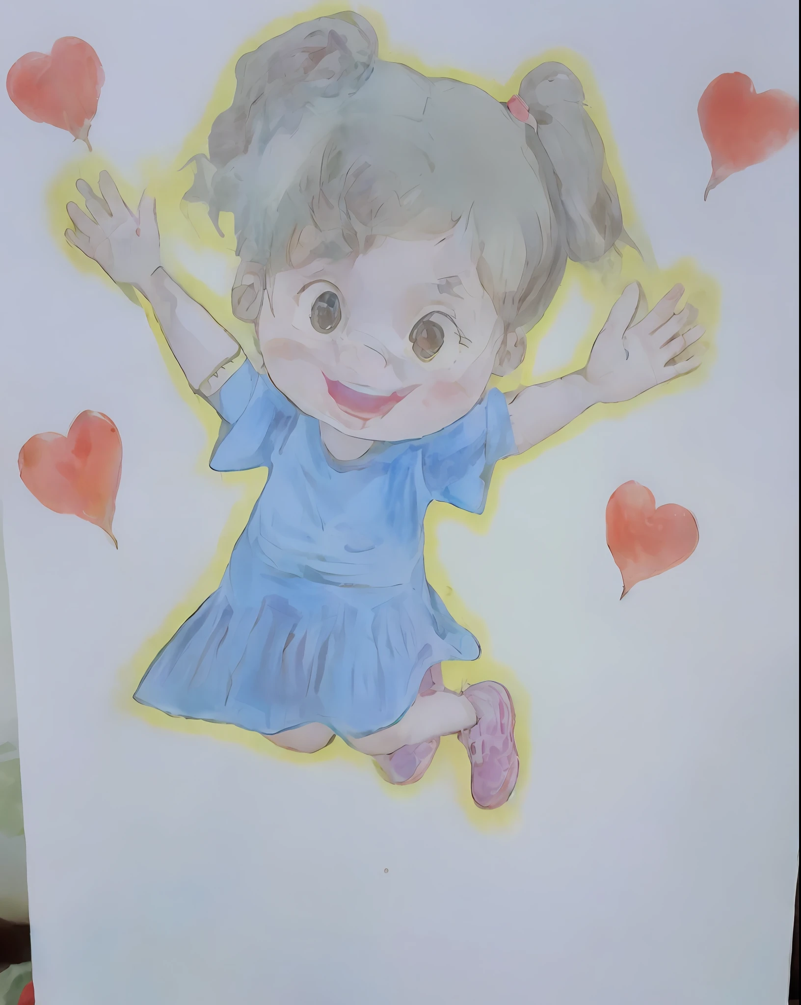 Drawing of a girl with a blue dress and pink shoes jumping with hearts, a colored pencil sketch, arte em pastel, [ arte digital ]!!, desenho bonito, desenho colorido, arte tradicional, desenho dos desenhos animados, arte digital!!, ela expressando alegria, in cartoon style, Feliz!!!, Fanart, arte pastel, menina feliz, desenho de livros infantis, she is floating in the air