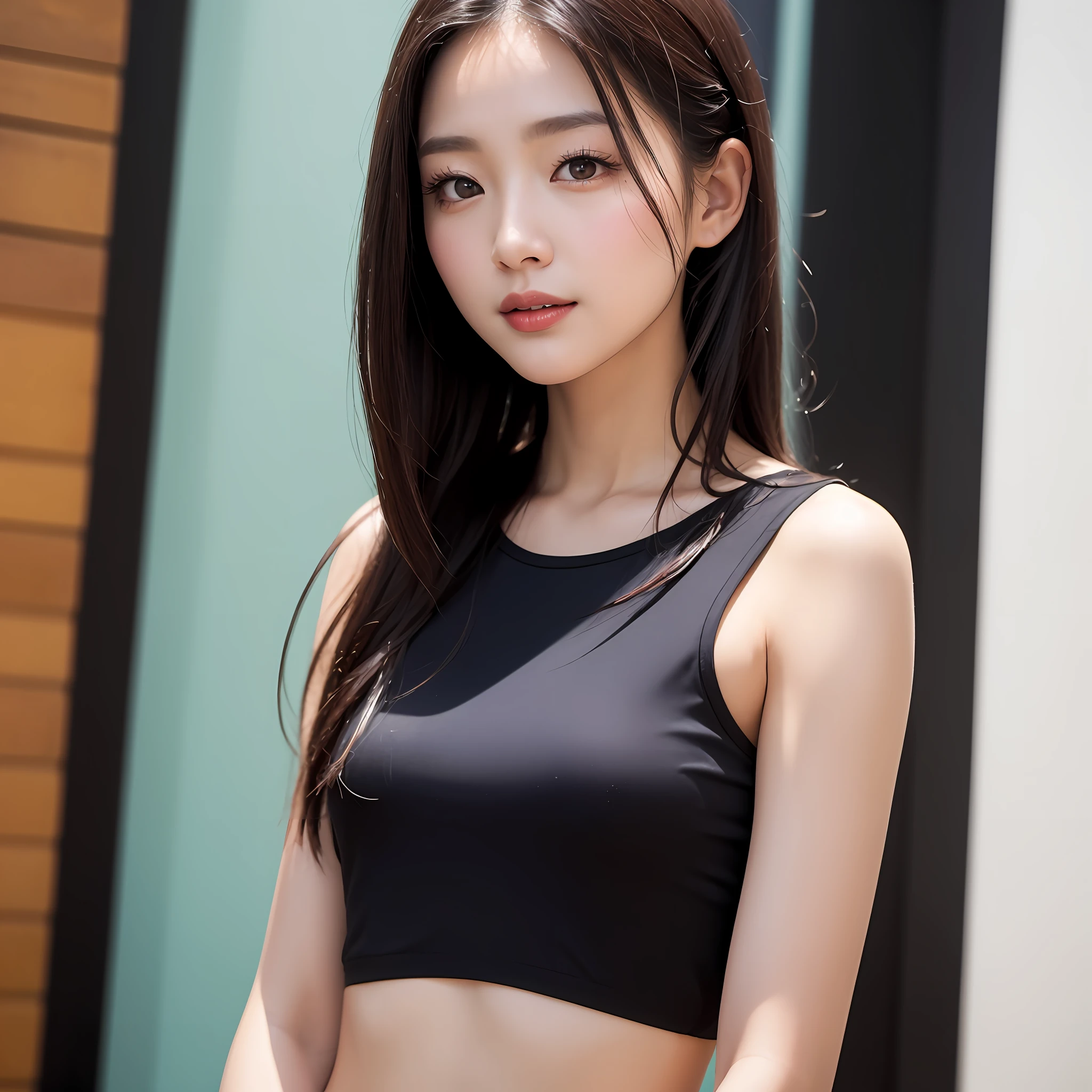 ((best qualtiy、8k masterpieces:1.3))、foco nítido:1.2、(ultra beautiful faces:1.0)、(shinny skin:1.0)、photos realistic、A dark-haired、Video Lighting、High-definition eyes and face、Video Lighting、(Korean Cute Actress)、from the front side、medium breasts、ssmile、Sleeveless、Slender Abs Beauty、Whole body、swim wears、Park at night