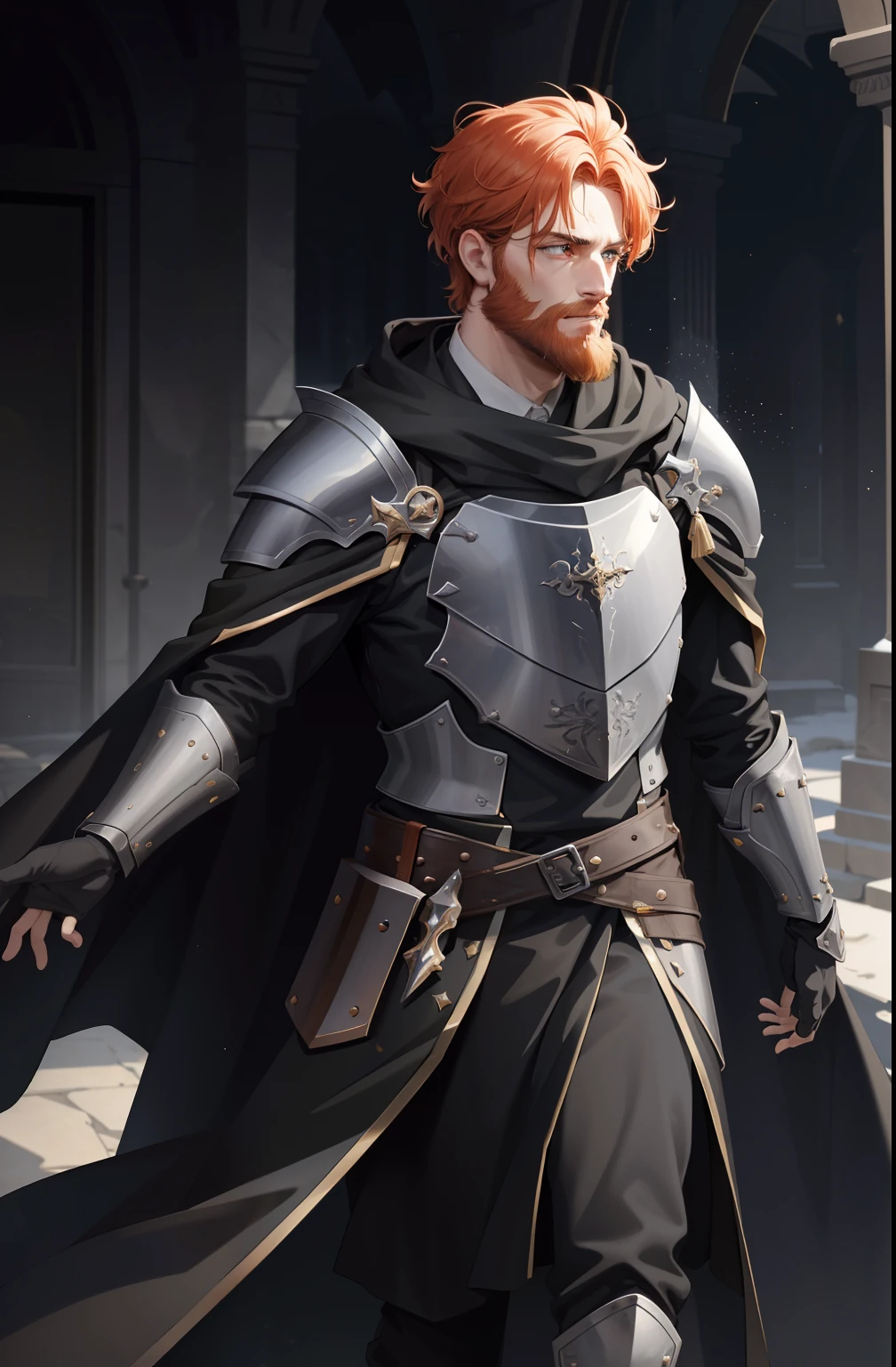 a man with short curly ginger hair, shaved, scars on the face, wearing a full plate armor, black cape, cloak, dnd style, horror \(theme\),(skindentation:1.5), Realistic, Photorealistic, (masterpiece:1.5), concept art, intricate details, highly detailed, photorealistic, octane render, 8k, unreal engine, dynamic pose, man with beard, best quality, highres, (realistic face:1.1), (hyperrealistic:1.1), ((full_body)), perfect eyes,(shiny skin:1.2), (((hairstyle))), (((perfect hands))), (extremely detailed background), ((dynamic background)), ((lightning)), (light rays), (((flowing cloak))), ((detailed eyes, high quality eyes, high quality face)), (extremely intricate armor, full plate armor), epic, battlefield, depth of field, bokeh, 4k, gothic, ember, particles