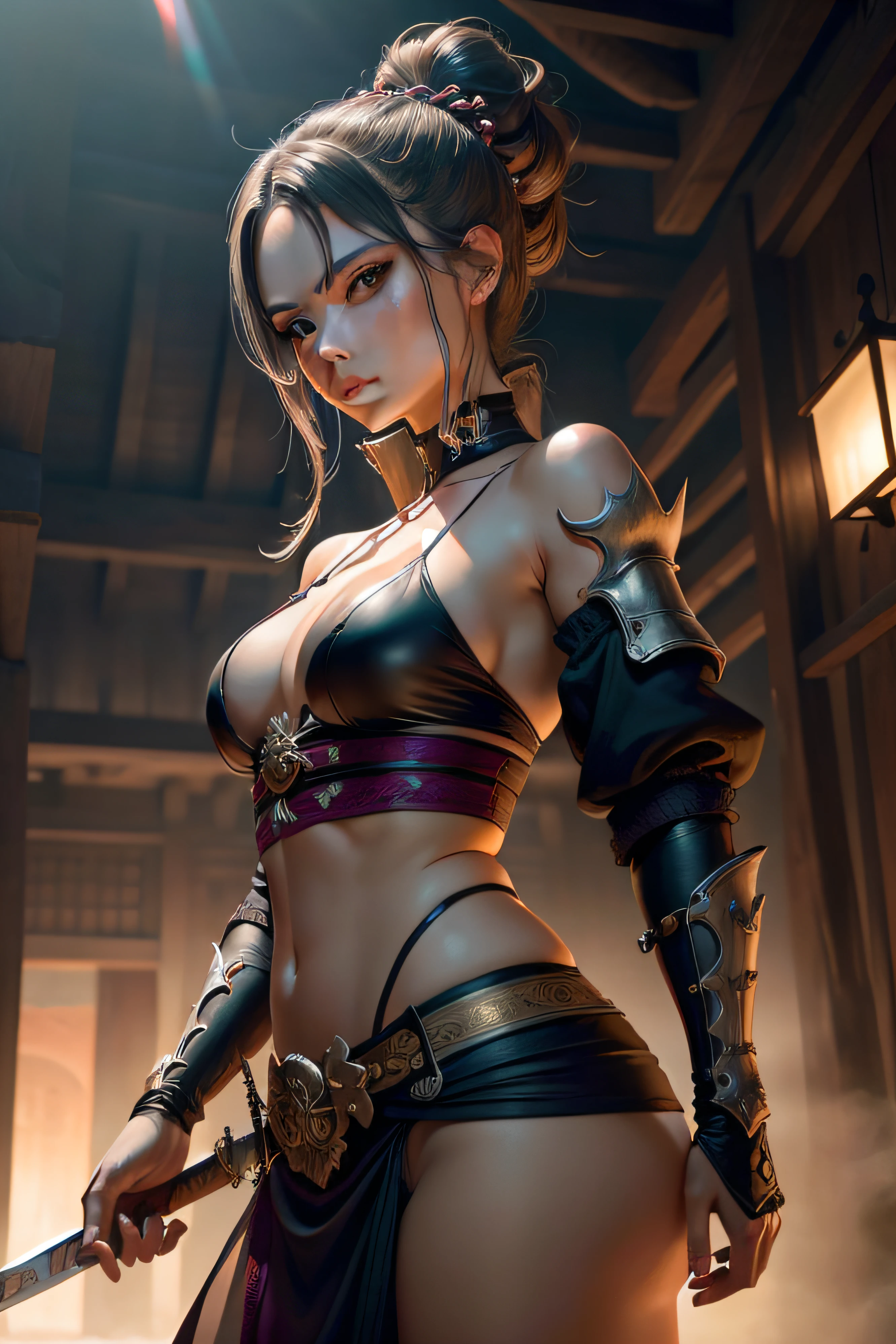 Una mujer samurai, piel clara, cabello plateado, ojos delineados, Cara delineada, brazalete, cuerpo completo, Ropa de cuero sangrienta, espada, fuego. Obra maestra de arte completa, alta calidad, Ultra detallado en 4K, 8k, High resolution, Foto hiperrealista, hiperdetallado, textura realista de la piel, incredible shadows, Textura extremadamente detallada, perfect ilumination, Calidad de imagen de alto nivel.