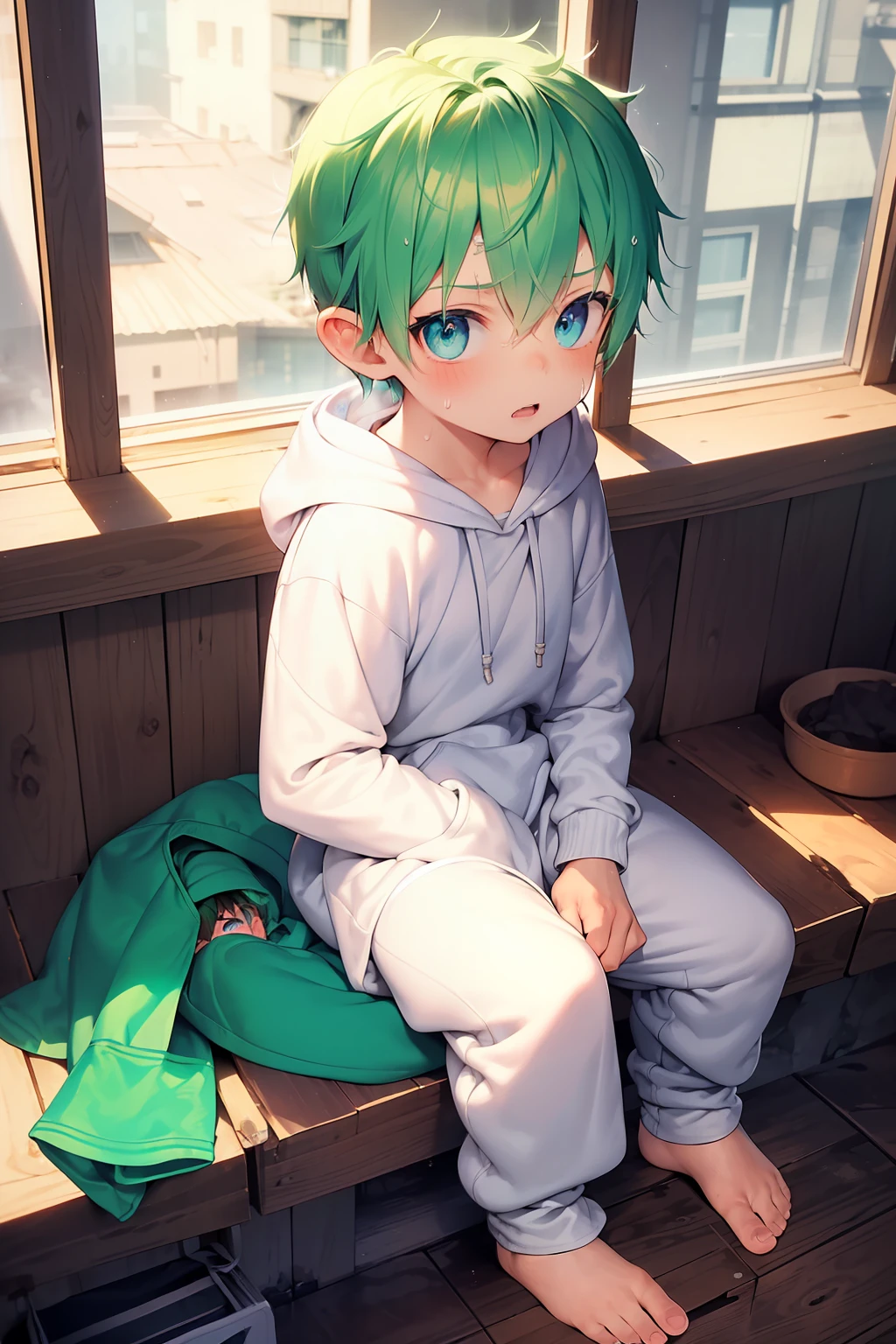 2  boys with Green hair and shiny bright blue eyes and barefoot and small feet wearing a oversized hoodie and sweatpants sitting on a window ledge, blushing, drooling, young, boy, child,l, toddler, ti feet, (sweatpants:1.4), (young:1.4), (child:1.4), (shota:1.4), (hoodie:1.4),