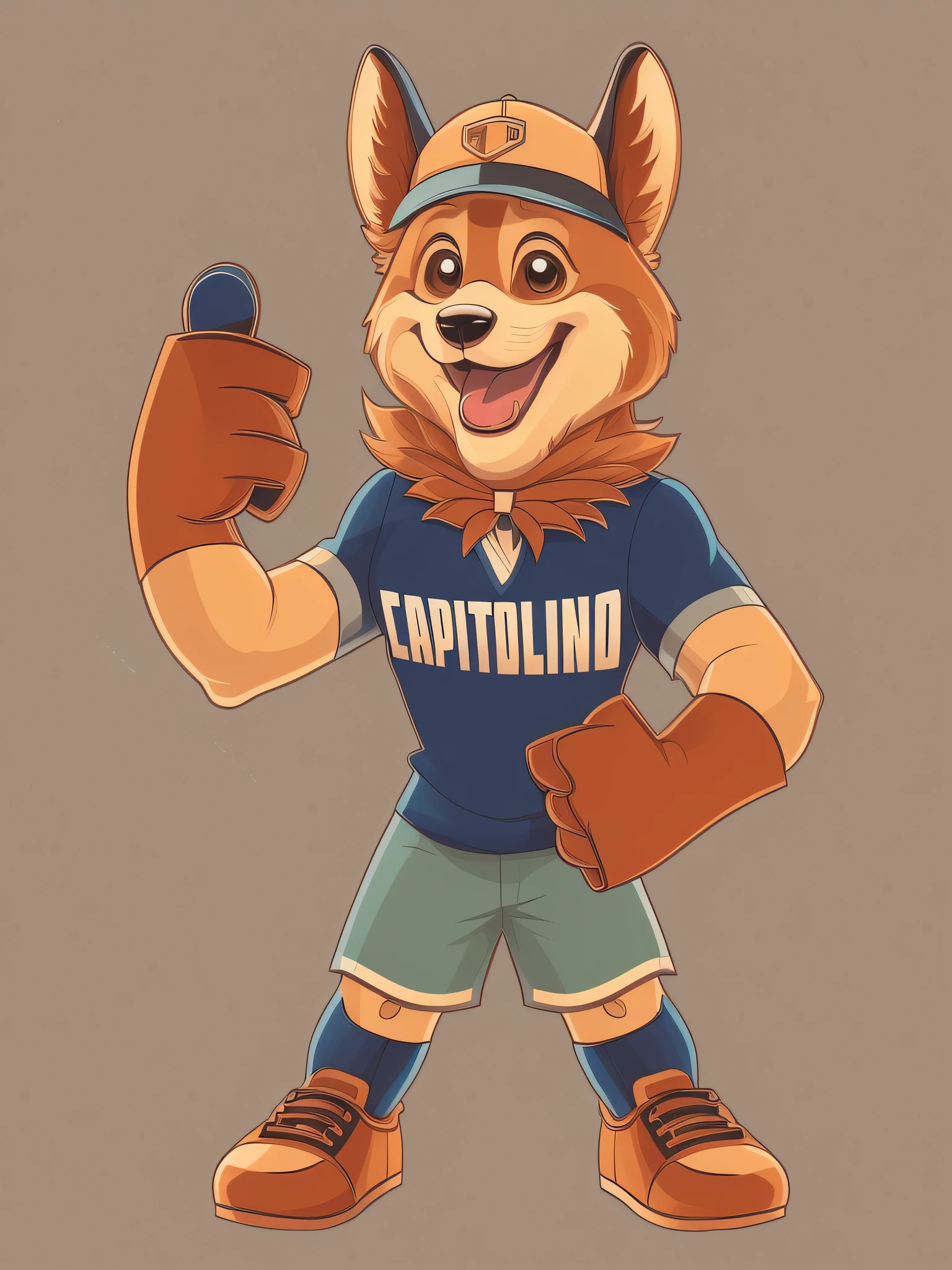 Cartoon of a dog in a baseball uniform holding a baseball glove, mascote da equipe esportiva, Mascot illustration, official character illustration, arte oficial do personagem, mascote de corpo inteiro, design de adesivo do telegrama, um mascote dingo, official fan art, fanart oficial, Arte Oficial, Telegrama Sticker, mascote esportivo, captain, an anthropomorphic fox, fursona commission