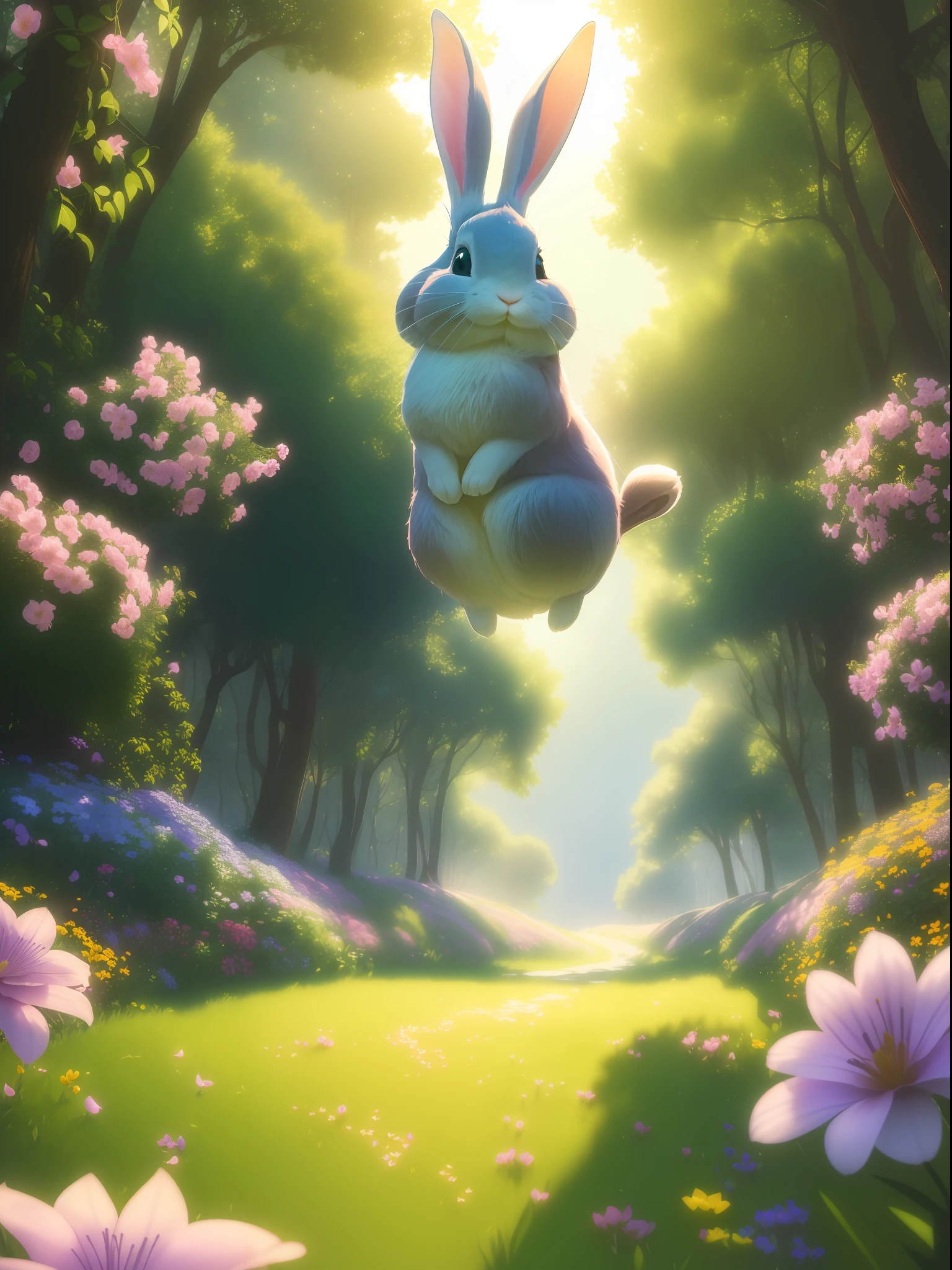 ((extremely detailed CG unity 8k wallpaper,masterpiece, best quality, ultra-detailed),(best illumination, best shadow, an extremely delicate and beautiful),floating,rabbit,smiling,bunny,among the trees,vibrant flowers,soft and welcoming illumination)