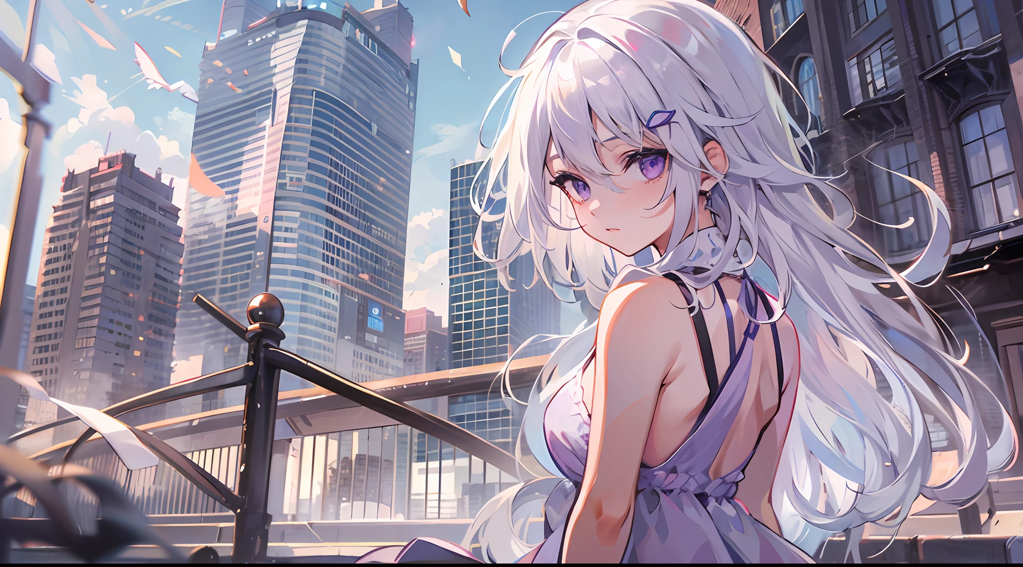 1girl, white hair, purple eyes, beautiful face, long skirt, city, wind, 8K, masterpiece, looking at viewer, ultrasharp, high res, absuredes,