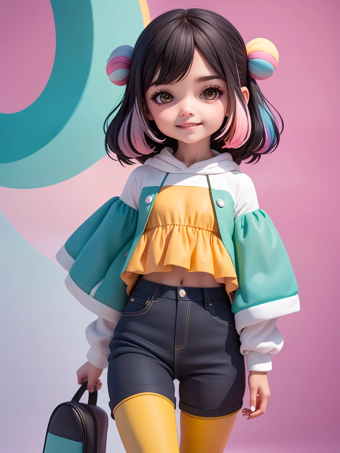 (obra-prima), (melhor qualidade), (ultra-detalhado), (corpo inteiro: 1.2) loli menina morena, touca, moletom preto, pants, jaqueta, blouse, sorriso claro, corpo inteiro, :3, cabelo multicolor, enrolado, encaracolado, crespo moderno, Modern accessories, fundo tom pastel , colorido e simples.