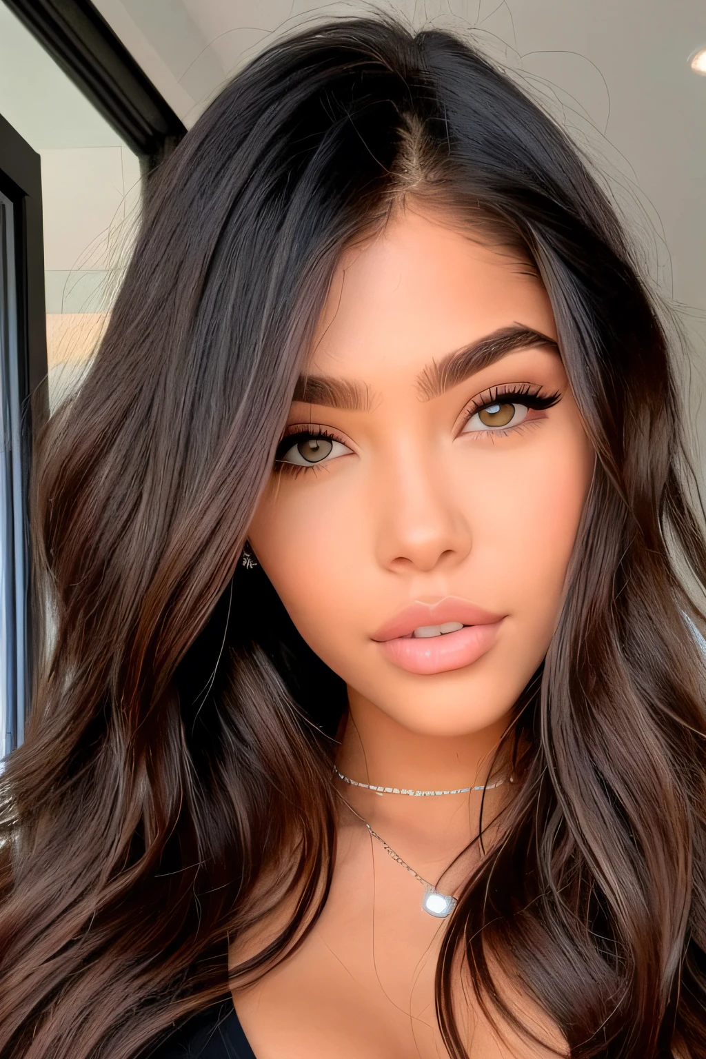 madison beer linda de guerra, meio, corpo inteiro, olhos detalhados, alto detalhe, cabelos longos e detalhados uma jovem sedutora de cabelos pretos, labios uma mulher sedutora de pele parda, labios macios olhar foerte e sexy a aparencia . Retrato de uma jovem com longos cabelos pretos e olhos prateados brilhantes, pele tonificada profunda, maquiagem preta nos olhos que se parece com asas, silver line on lower lip