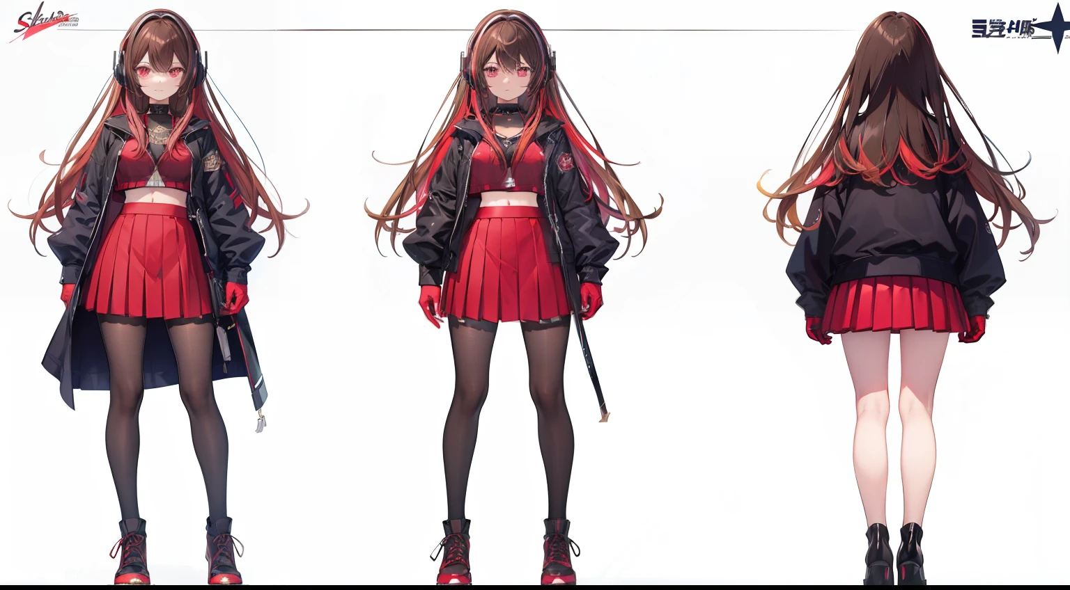 ((Masterpiece, highest quality)), character sheet, Concept Art, full body, Standing, detailed face, full of details, highly detailed, depth, 1girl, girl in a skirt and headphones, :3, long hair, bangs, multicolored hair, two-tone hair, gradient hair, [[brown hair]], brown hair with pink tips, [[[[[[pink hair]]]]]], black crop top, red skirt, pleated skirt, gloves, stockings, red shoes, black choker, red eyes, star (symbol), star-shaped pupils