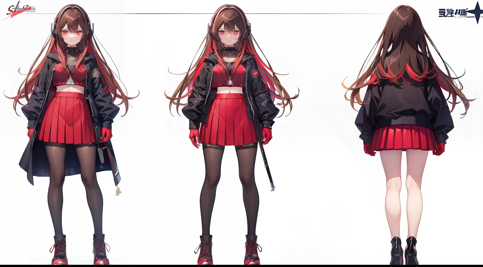 ((Masterpiece, highest quality)), character sheet, Concept Art, full body, Standing, detailed face, full of details, highly detailed, depth, 1girl, girl in a skirt and headphones, :3, long hair, bangs, multicolored hair, two-tone hair, gradient hair, [[brown hair]], brown hair with pink tips, [[[[[[pink hair]]]]]], black crop top, red skirt, pleated skirt, gloves, stockings, red shoes, black choker, red eyes, star (symbol), star-shaped pupils