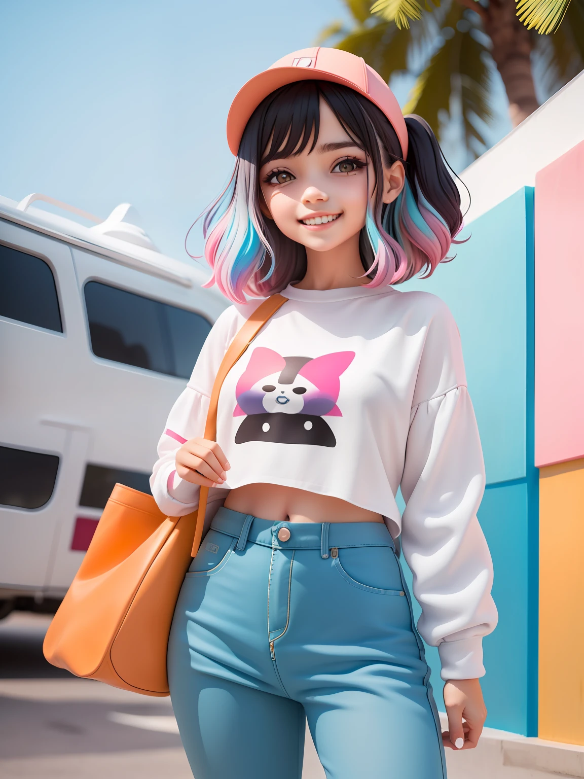 (obra-prima), (melhor qualidade), (ultra-detalhado), (corpo inteiro: 1.2) loli menina loira claro, touca, moletom preto, pants, jaqueta, blouse, sorriso claro, corpo inteiro, :3, cabelo multicolor, enrolado, encaracolado, crespo moderno, Modern accessories, fundo tom pastel , colorido e simples.