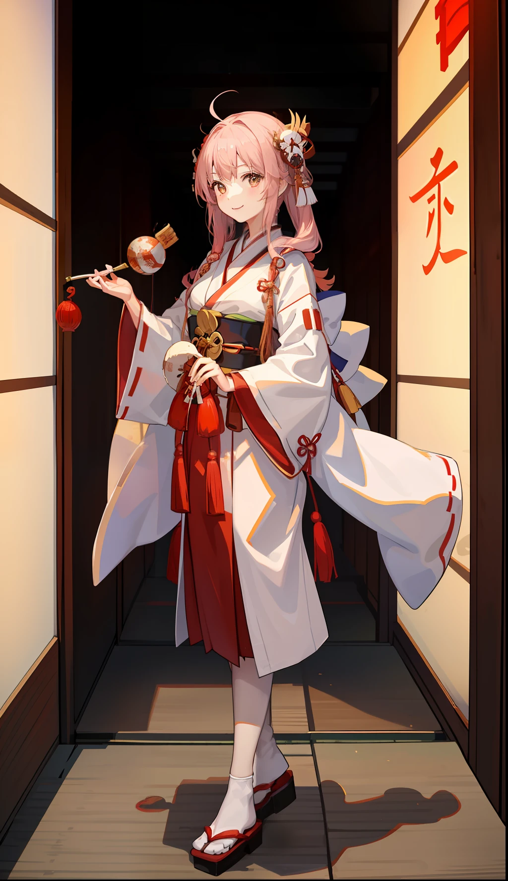 1girl in、A smile、Shrine of Japan、japanes、Japan priestess costume、Jacket is a white kimono、Vermilion hakama、(small tits)
