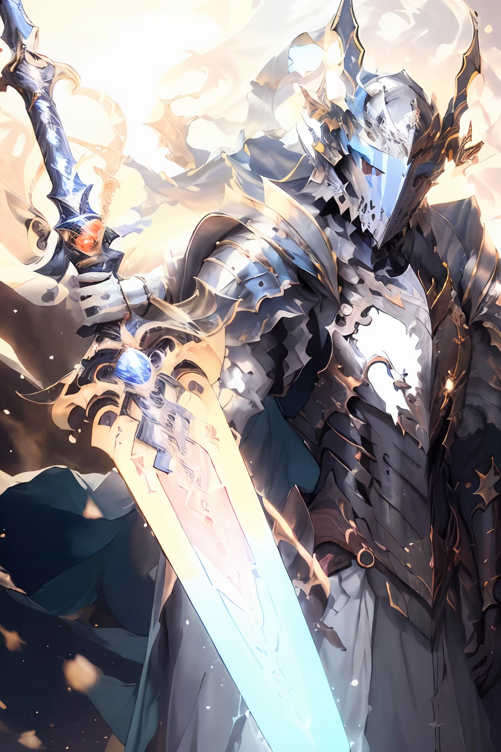 (Masterpiece, premier quality, Best quality, Art officiel, beautiful and aesthetic:1.2),(8k, Best quality, Masterpiece:1.2),CGDivineSwordsw, arme, armure, seulement, possession, Cornes, rougeoyant, sword, 1boy, Arme de maintien, Planted, Accent mis sur les hommes, Arme incandescente, debout, casque, Gantelets, holding sword, glowing sword, Planted sword, shoulder armor, gradient, gradient background, cretons, Pauldrons, (Lueur bleue:1.3),