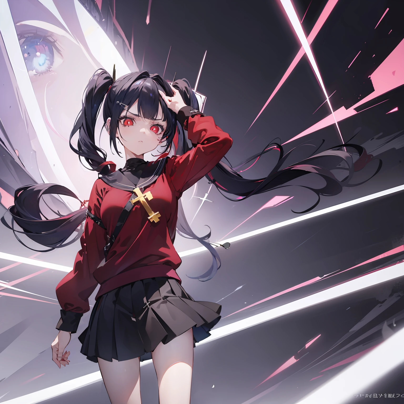 2d, anime art, (masterpiece:1.2), best quality, absurdres, ame-chan, red shirt, black skirt, twintails hairstyle, (hairpin cross:1.35), [purple eye: 0.15], (glowing eye:1.1), patches, looking at viewer, upset, 
darkness background, ash fog,