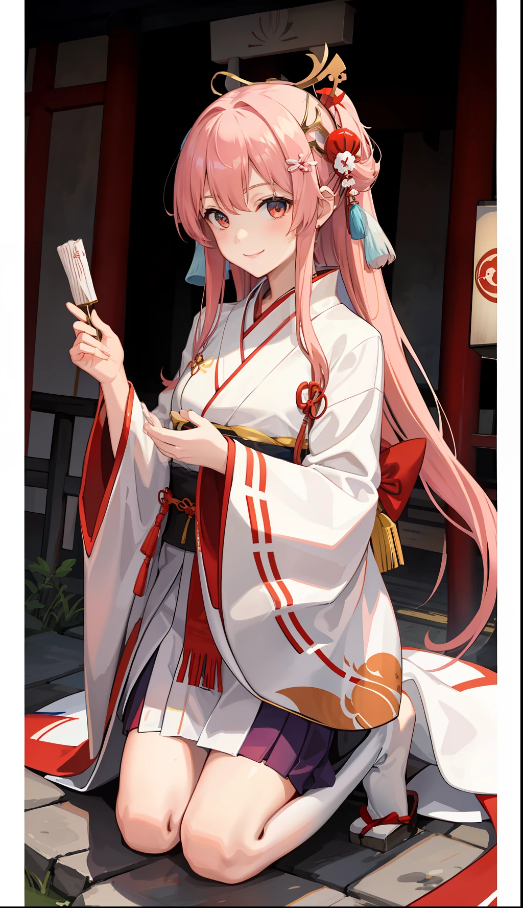 1girl in、A smile、Shrine of Japan、japanes、Japan priestess costume、Jacket is a white kimono、Vermilion hakama、(small tits)