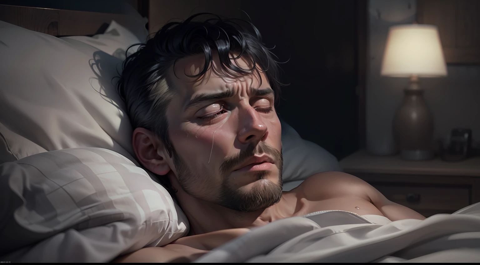 ultra realistic 8k image of 37 year old man, short black hair, sleeping on a bed in a bedroom in a farmhouse, troubled expression with wrinkled forehead, night