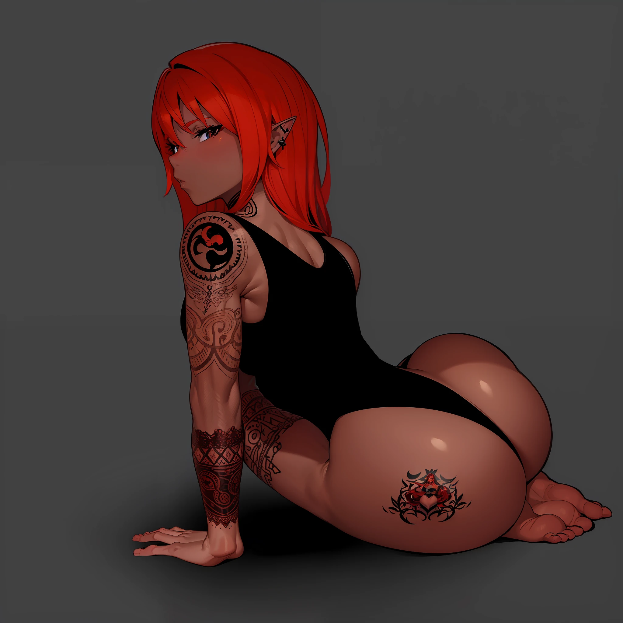Woman with red hair and brown skin with Nordic tattoos, elf ear, vast breasts, wearing a bigger black, big ass. manga style drawing