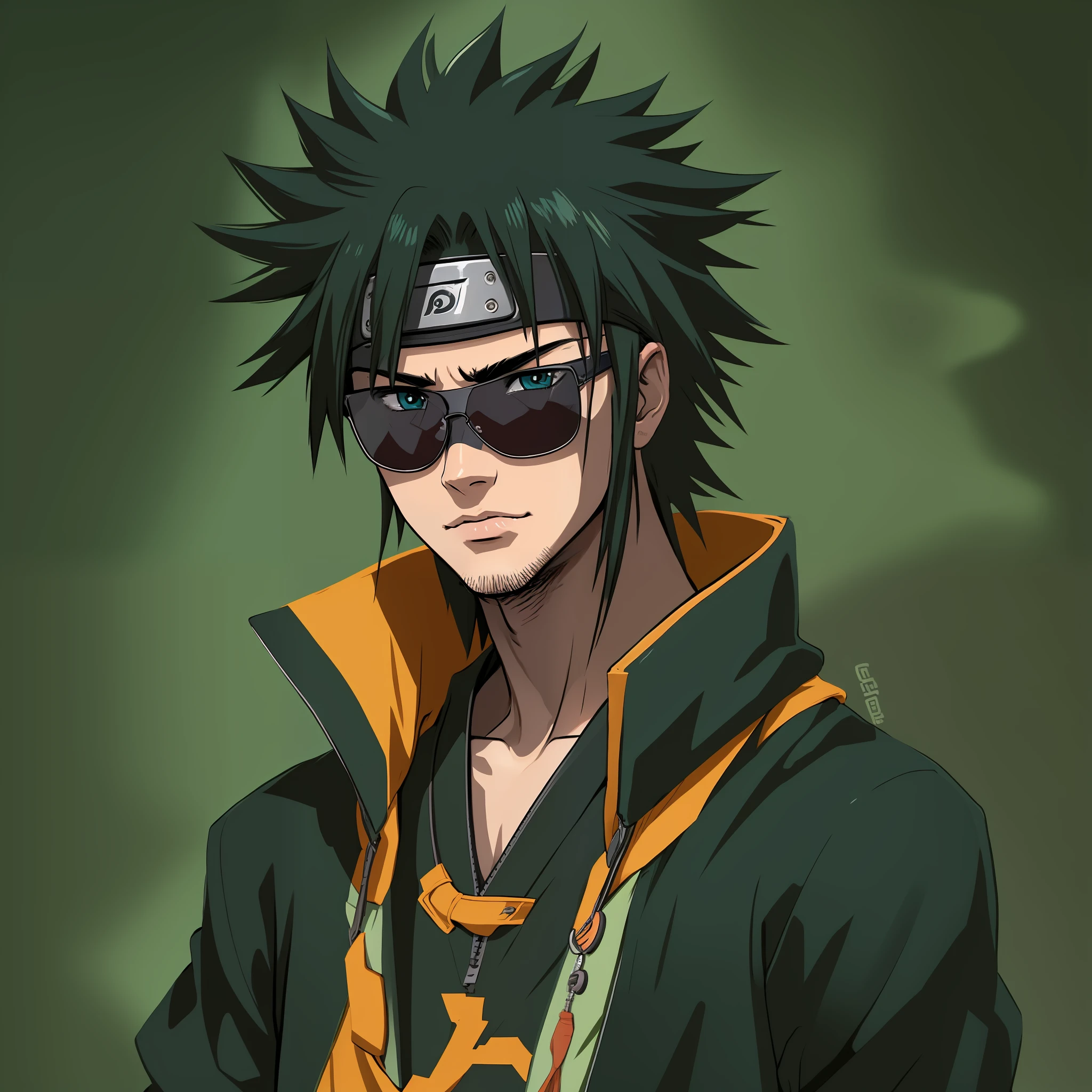 um homem jovem 18 anos, ninja jounin, cabelo preto, sun glasses, Anime Naruto, Estilo de Masashi Kishimoto