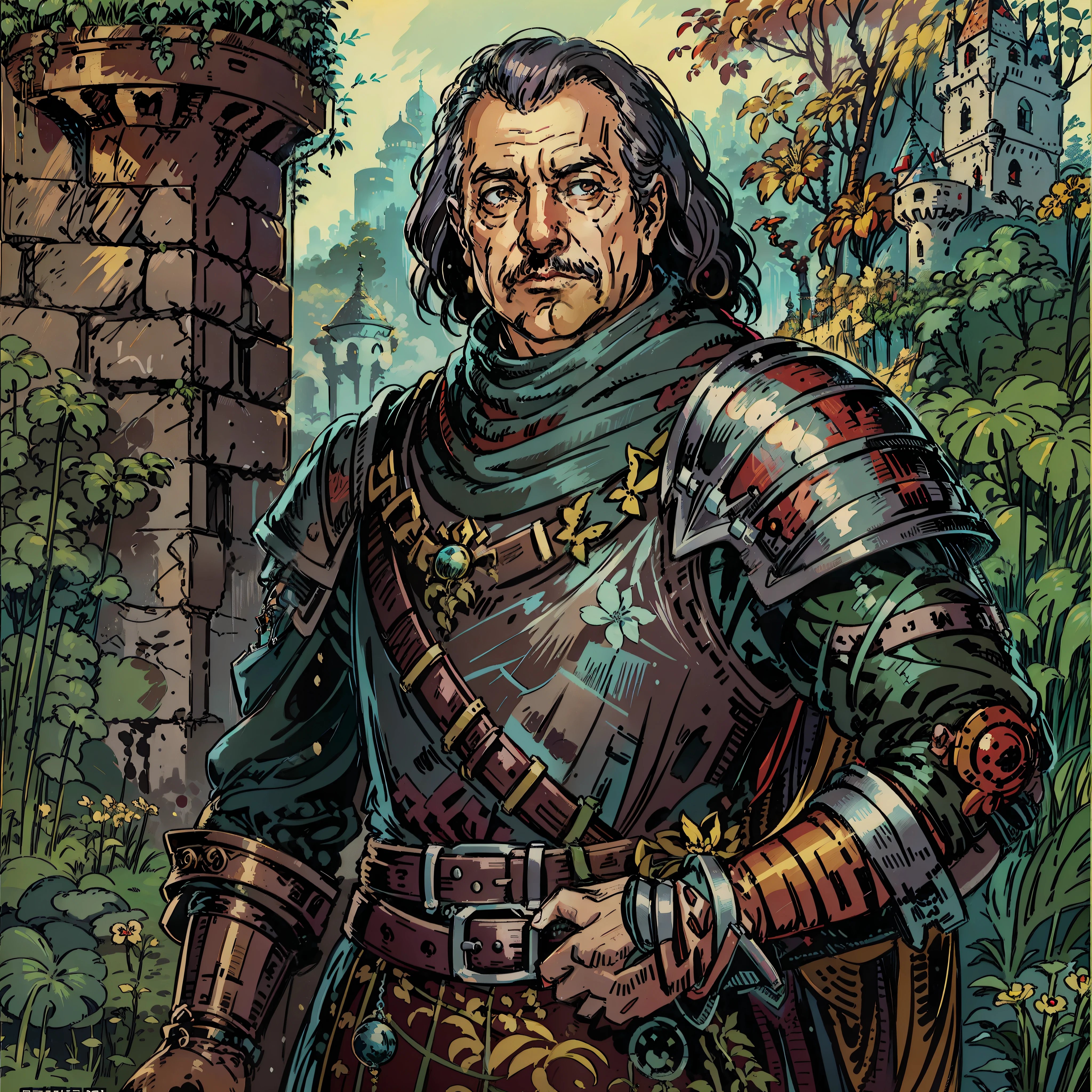 José Sarney look a like, lord, Personagem de RPG, fantasia medieval, fechar retrato, Armadura preta, castelo de fundo