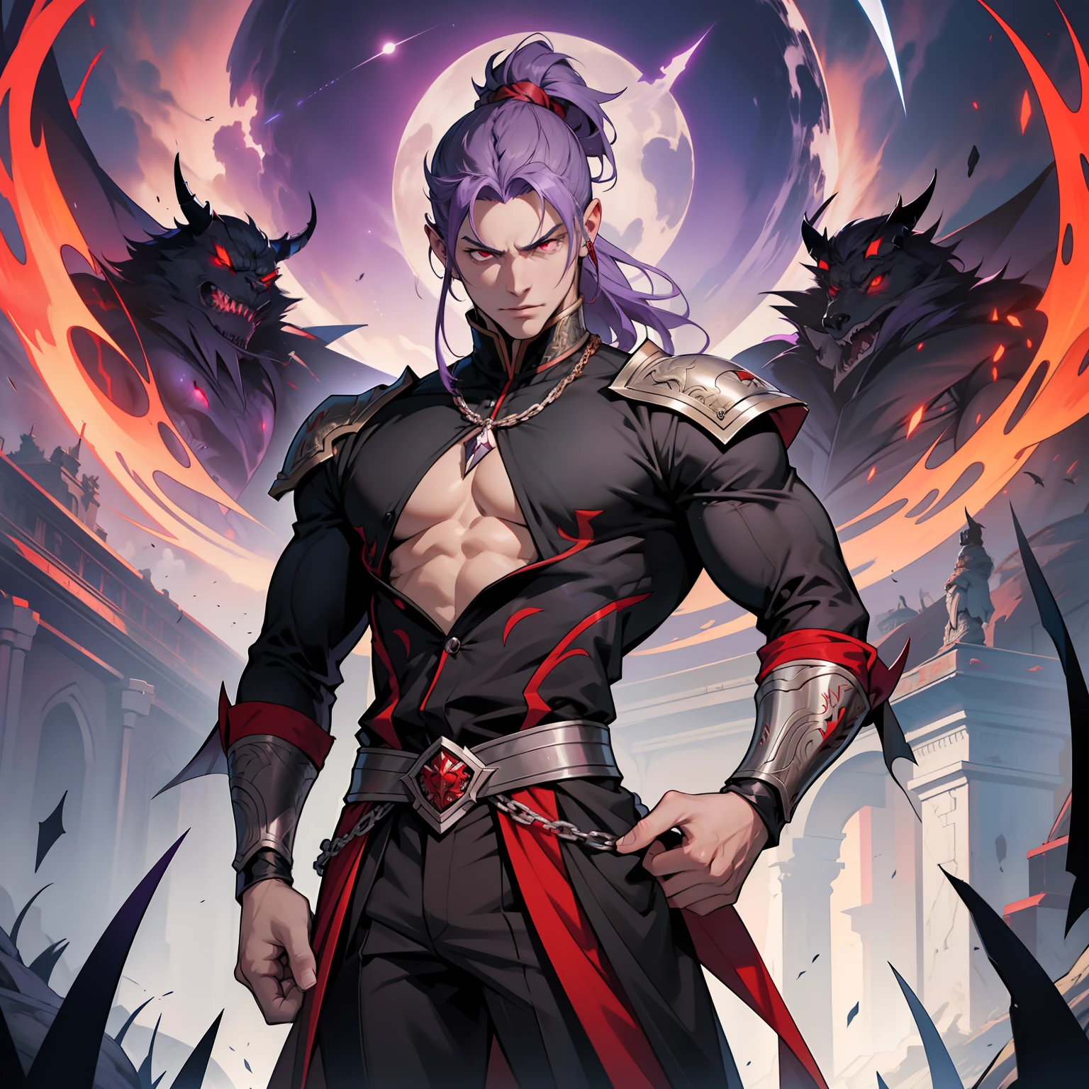 like all the demon princes, I am quite tall. I have purple hair tied back in a ponytail, and red eyes with sharp silver pupils. I wear fine clothes, as befits a prince of Hell, though they are always black. My demeanor is haughty, arrogant, and superior to others. I carry myself with confidence and a sense of pride that is unrivaled. When I speak, my words are sharp and my voice is powerful. I am the embodiment of pride and arrogance. handsome male, bara, muscular (8k) (good quality)Red eyes.