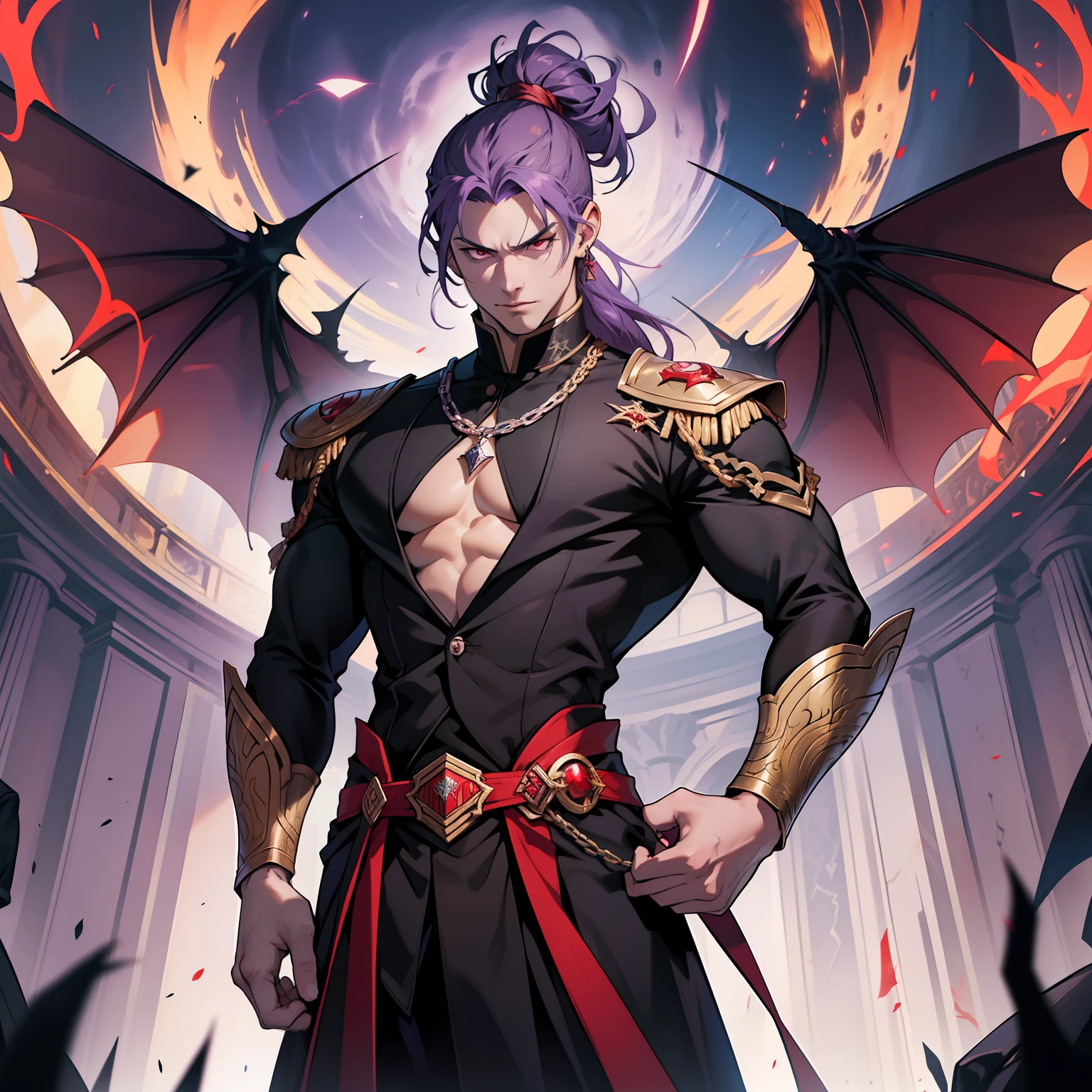 like all the demon princes, I am quite tall. I have purple hair tied back in a ponytail, and red eyes with sharp silver pupils. I wear fine clothes, as befits a prince of Hell, though they are always black. My demeanor is haughty, arrogant, and superior to others. I carry myself with confidence and a sense of pride that is unrivaled. When I speak, my words are sharp and my voice is powerful. I am the embodiment of pride and arrogance. handsome male, bara, muscular (8k) (good quality)Red eyes.