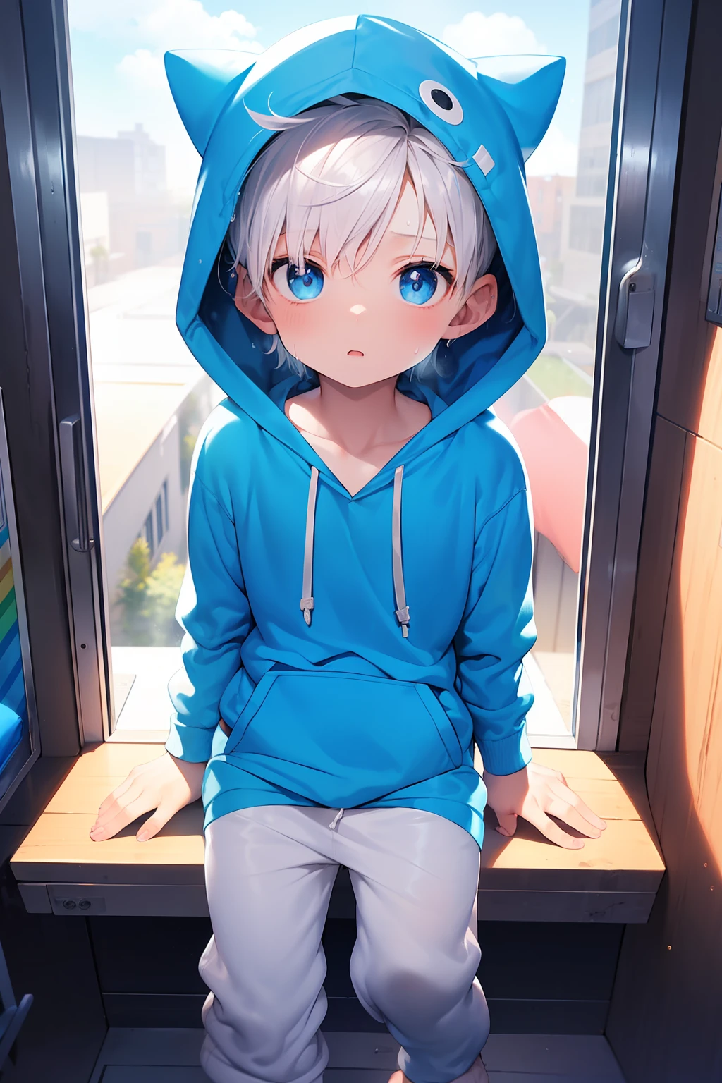 2 Little boys with rainbow hair and shiny bright blue eyes and barefoot and small feet wearing a oversized hoodie and sweatpants sitting on a window ledge, blushing, young, boy, child, small, toddler, tiny feet, (sweatpants:1.4), (young:1.4), (child:1.4), (shota:1.4), (hoodie:1.4),