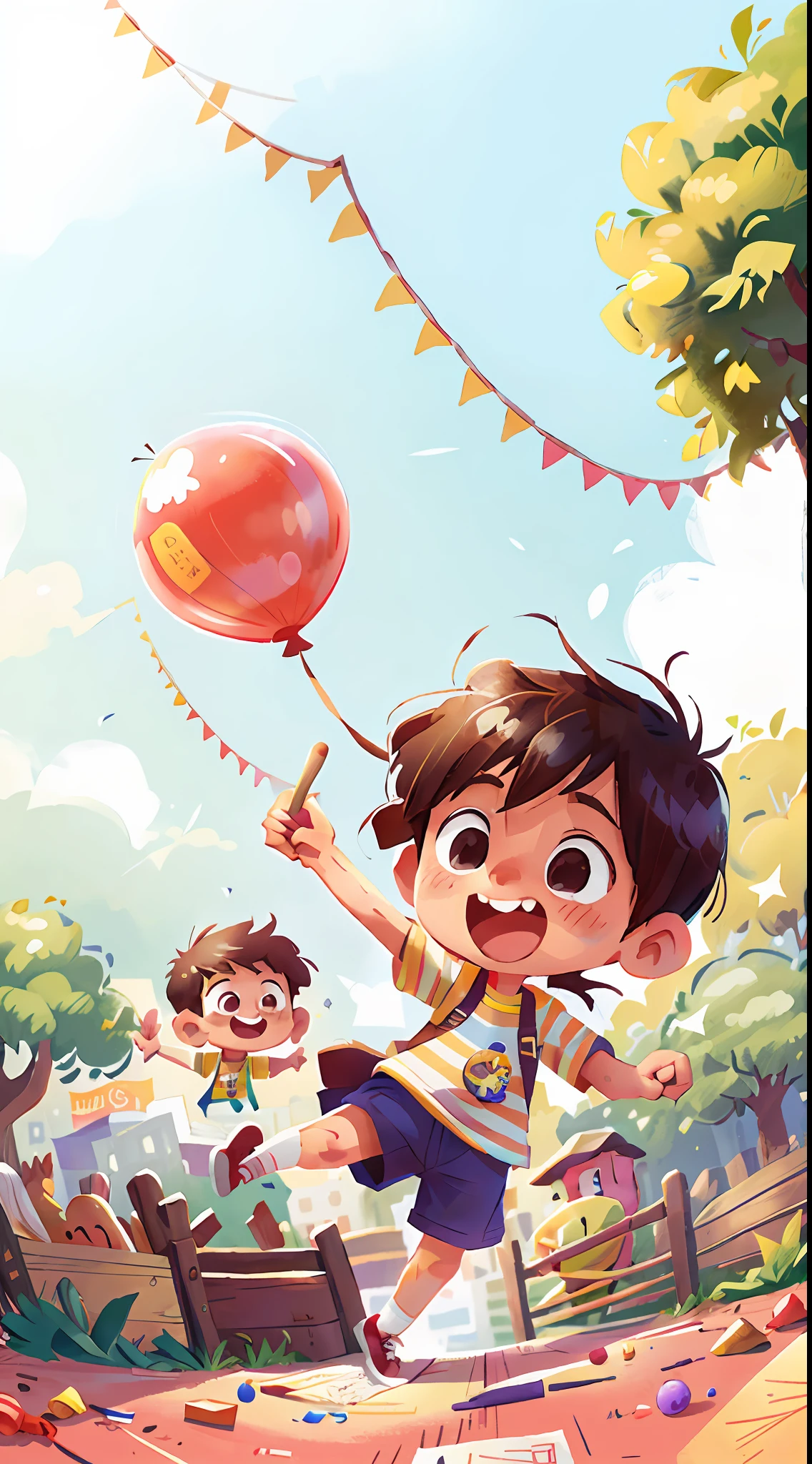 Poster making, Children's Day, in the amusement park, a little boy holding a balloon, happy, jumping, happy --v 6