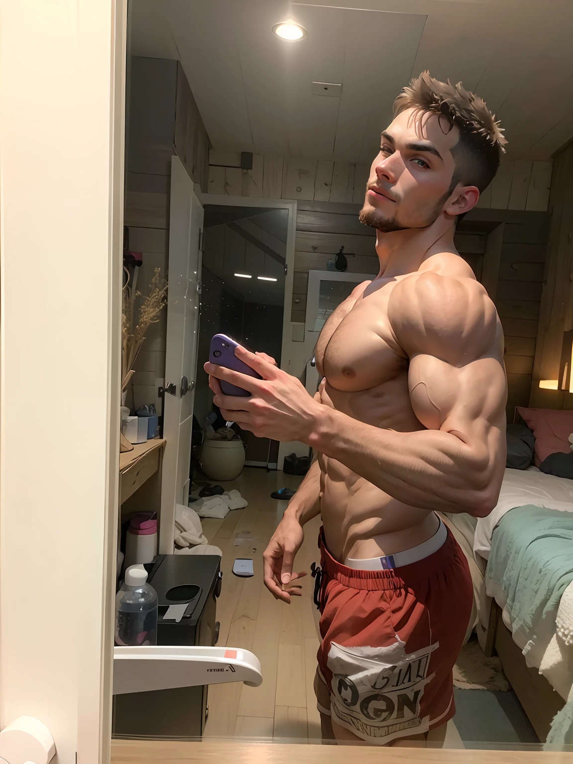 there is a man that is standing in front of a mirror, fit pic, posing and flexing, 27 years old, lean but muscular, fairly muscular, working out. In a cabin in the woods