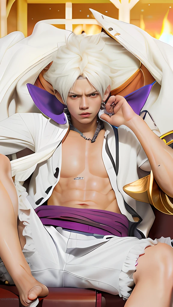 Best quality, ultra high resolution, ultra-detailed,realistic,18 years old,boy,8k,Luffy,one piece,White flame hair,Luffy gear 5,