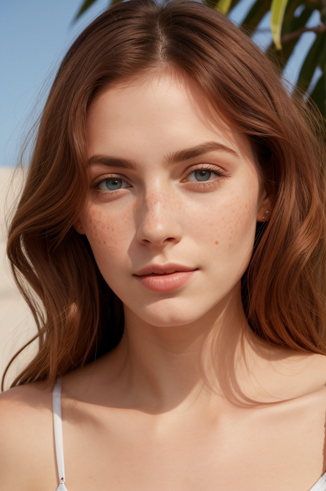 mulher de cabelo avermelhado longo solto comprido, sardas(0.60) beijadas pelo sol, ,Lips parted and flushed and reddish, cabelos vermelho fogo, Blue Eyes Penetrating Lumen Illumination , sardas vivas aparente bochecha corada e luz do sol no rosto , sardas beijadas pelo sol, sardas no rosto, freckles visible, rosto com sarda sardas claras:3.1)