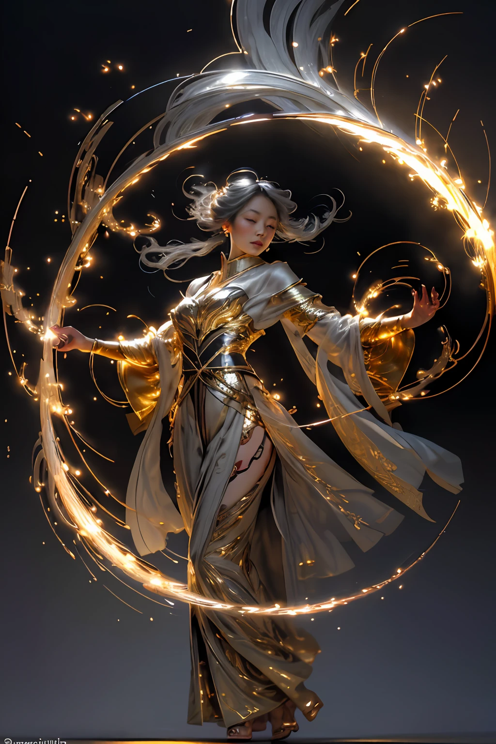 Best quality,Masterpiece,ultra highres,seulement,1fille, ,Roujinzhi,Style zen chinois,Image percutante,translucent and shiny metallic patterns,(shiny metal objects hovering in and surrounding the air:1.2),(Electric arcs and sparks:1.2),(Energy flow:1.2),(Translucent magnetic lines:1.2),(Golden silver grey and shimmering light effects:1.2),