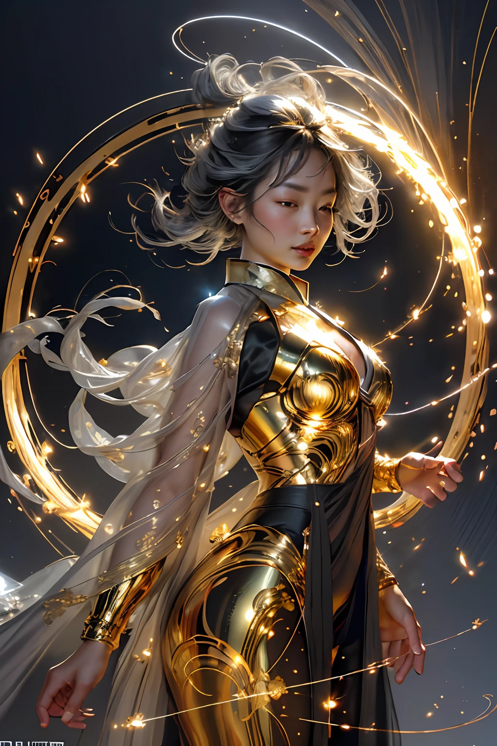 Best quality,Masterpiece,ultra highres,seulement,1fille, ,Roujinzhi,Style zen chinois,Image percutante,translucent and shiny metallic patterns,(shiny metal objects hovering in and surrounding the air:1.2),(Electric arcs and sparks:1.2),(Energy flow:1.2),(Translucent magnetic lines:1.2),(Golden silver grey and shimmering light effects:1.2),