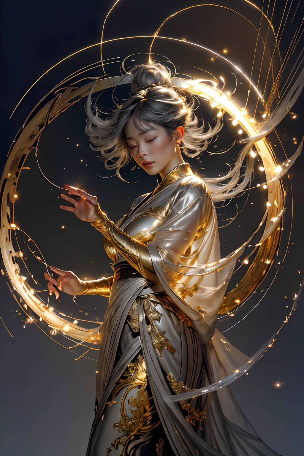Best quality,Masterpiece,ultra highres,seulement,1fille, ,Roujinzhi,Style zen chinois,Image percutante,translucent and shiny metallic patterns,(shiny metal objects hovering in and surrounding the air:1.2),(Electric arcs and sparks:1.2),(Energy flow:1.2),(Translucent magnetic lines:1.2),(Golden silver grey and shimmering light effects:1.2),