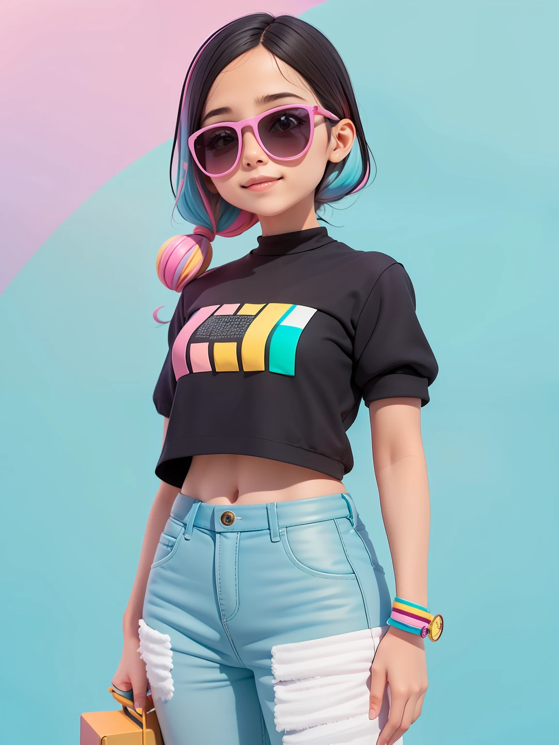 (obra-prima), (melhor qualidade), (ultra-detalhado), (corpo inteiro: 1.2) loli menina morena, sunglasses, touca, moletom preto, pants, jaqueta, blouse, sorriso claro, corpo inteiro, :3, cabelo multicolor, enrolado, encaracolado, crespo moderno, Modern accessories, fundo tom pastel , colorido e simples.